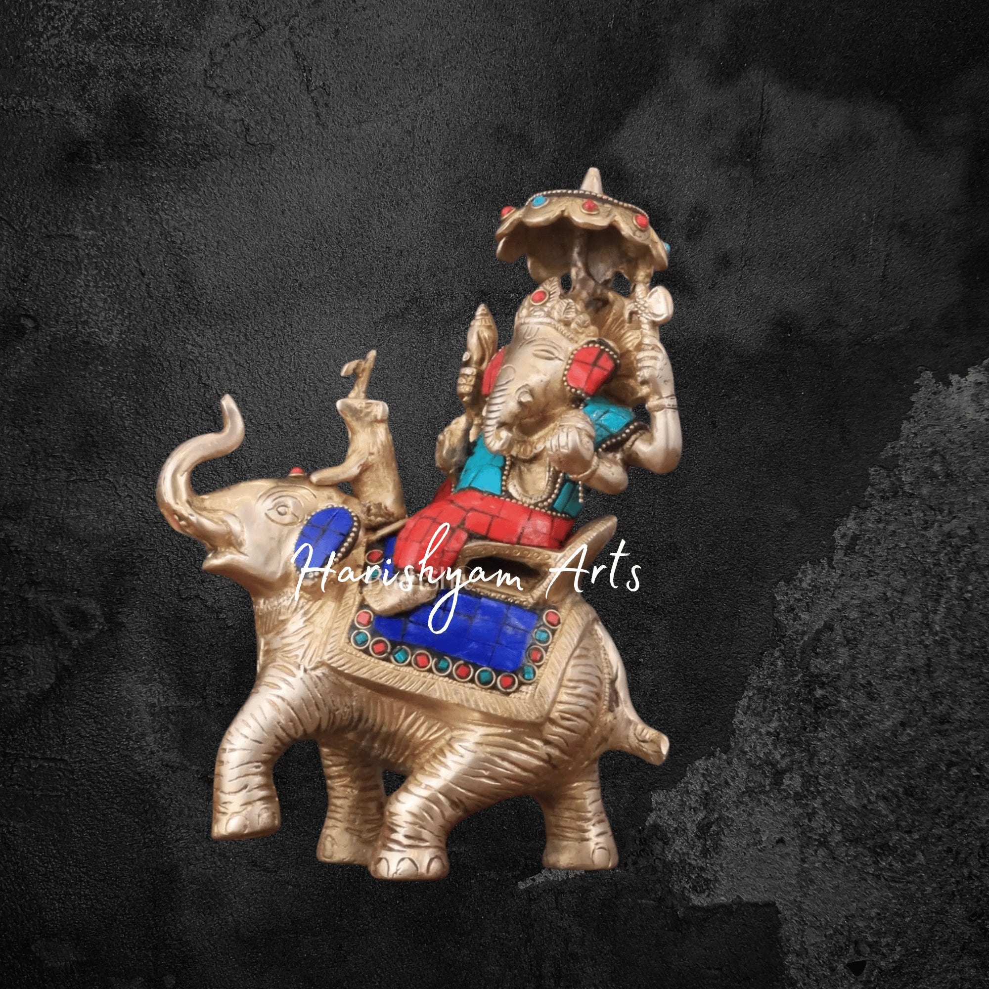 10" Brass Ganesha on Elephant Statue with Traditional Meenakari Art