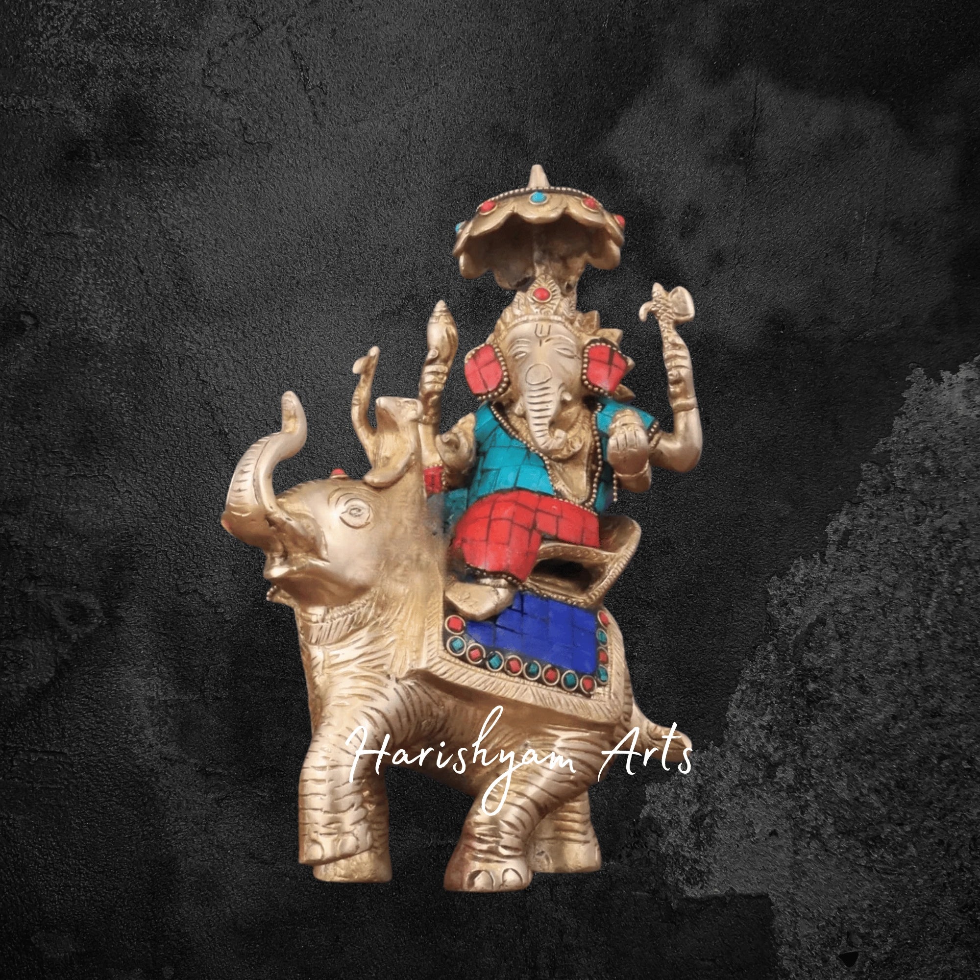 10" Brass Ganesha on Elephant Statue with Traditional Meenakari Art