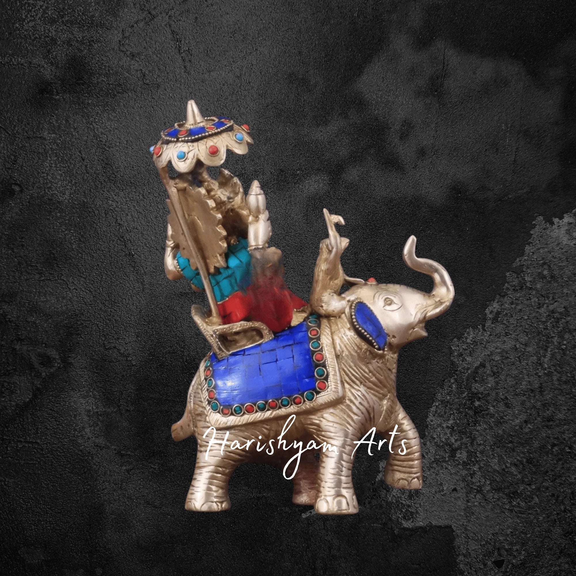 10" Brass Ganesha on Elephant Statue with Traditional Meenakari Art