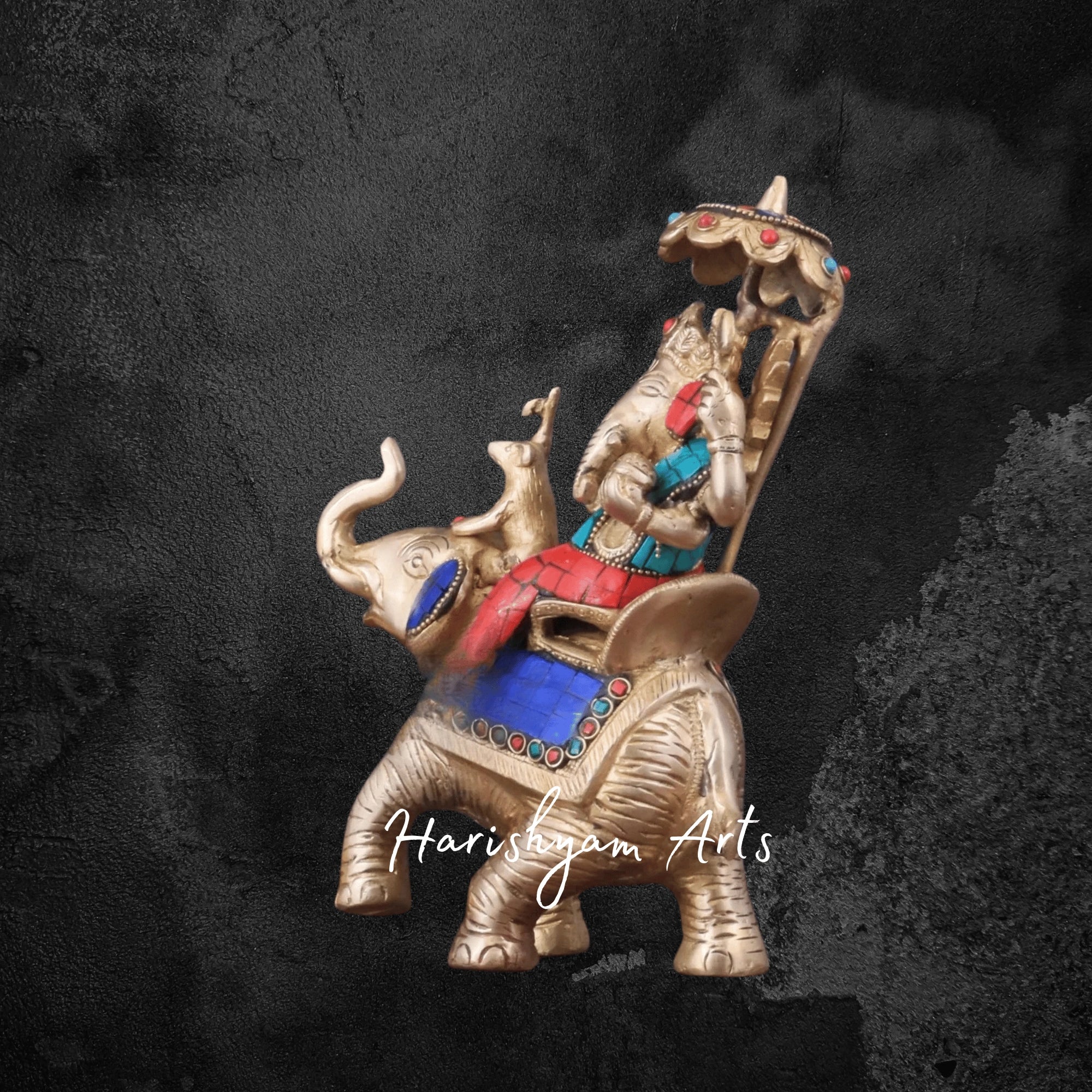 10" Brass Ganesha on Elephant Statue with Traditional Meenakari Art