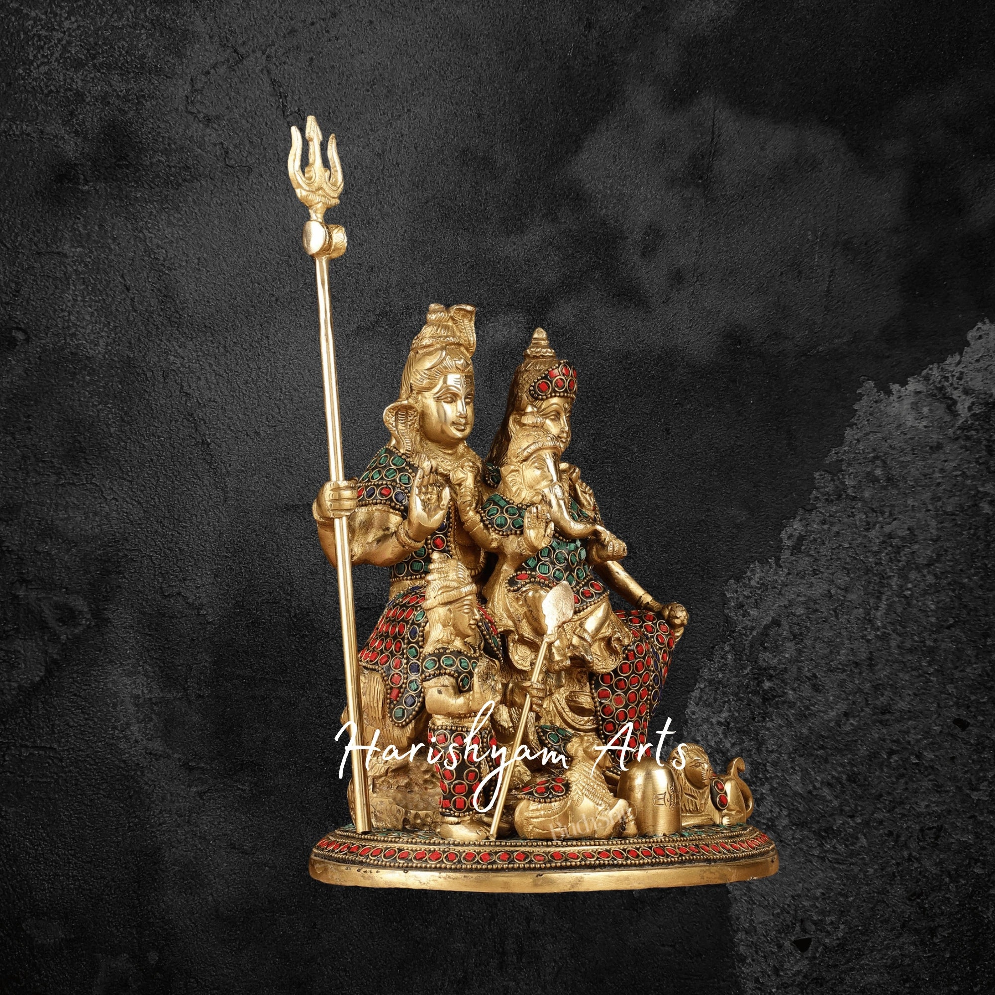 10" Brass Shiva Parivar Idol with Intricate Stonework