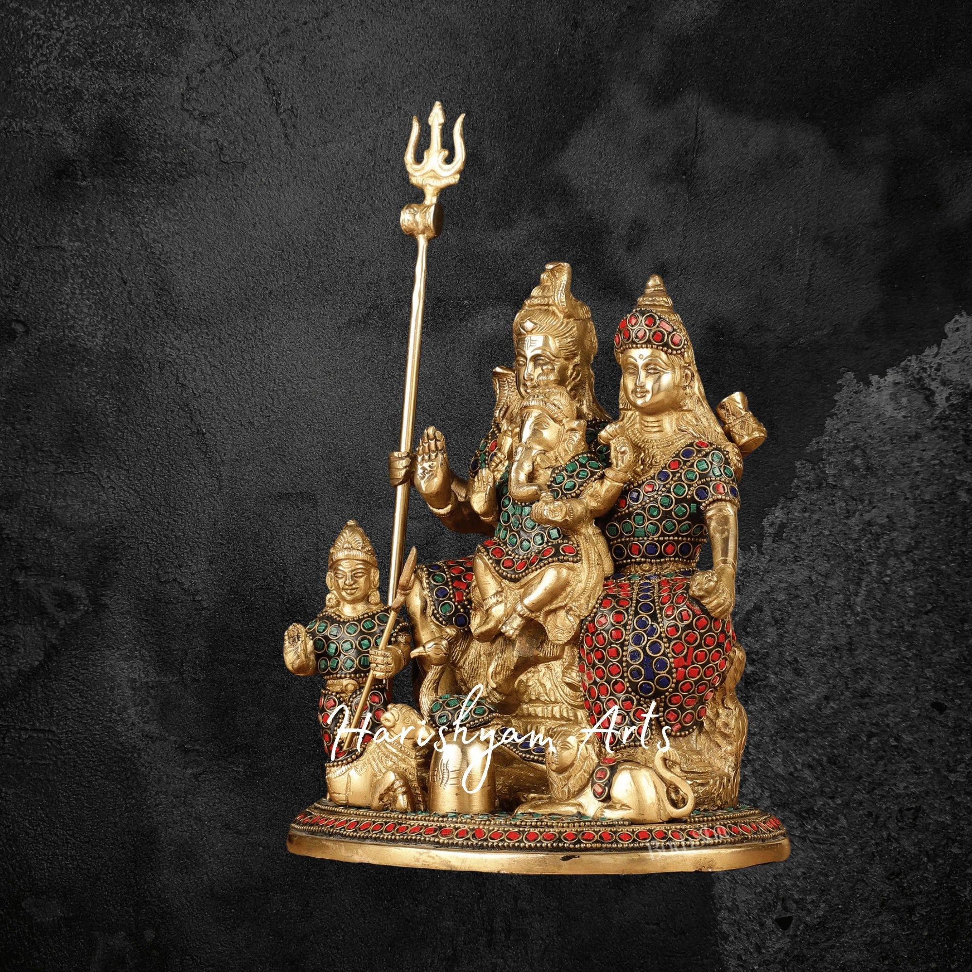 10" Brass Shiva Parivar Idol with Intricate Stonework
