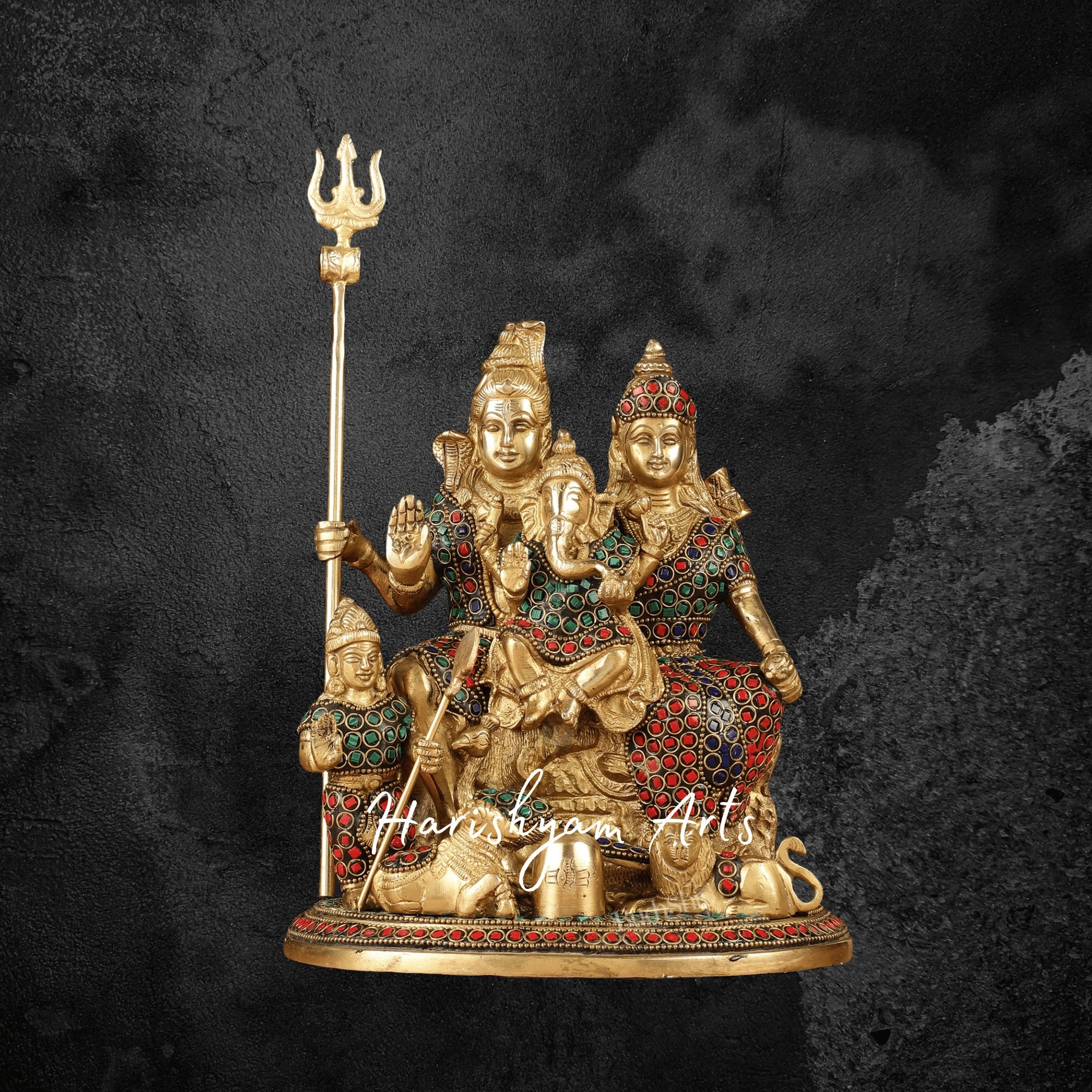 10" Brass Shiva Parivar Idol with Intricate Stonework