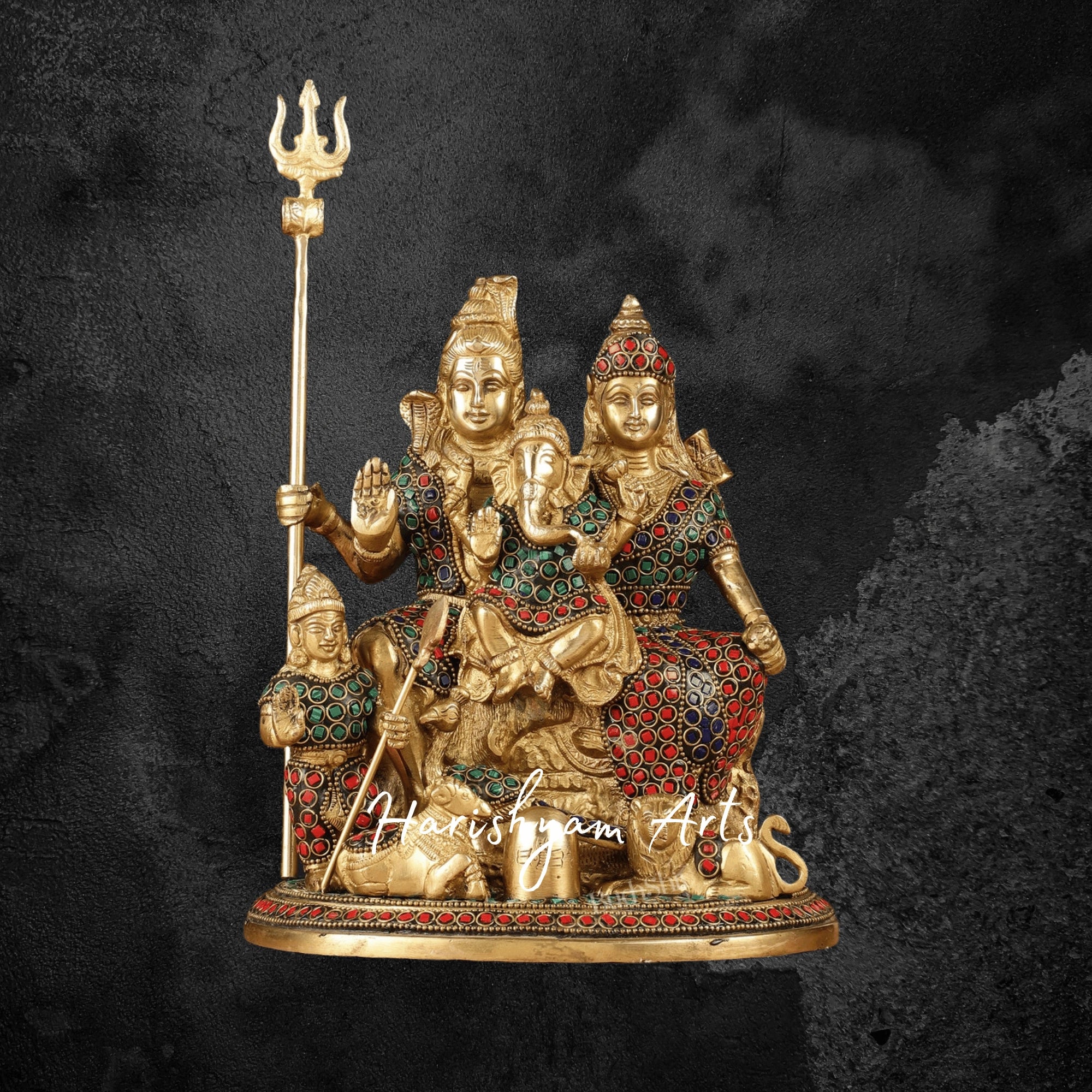 10" Brass Shiva Parivar Idol with Intricate Stonework