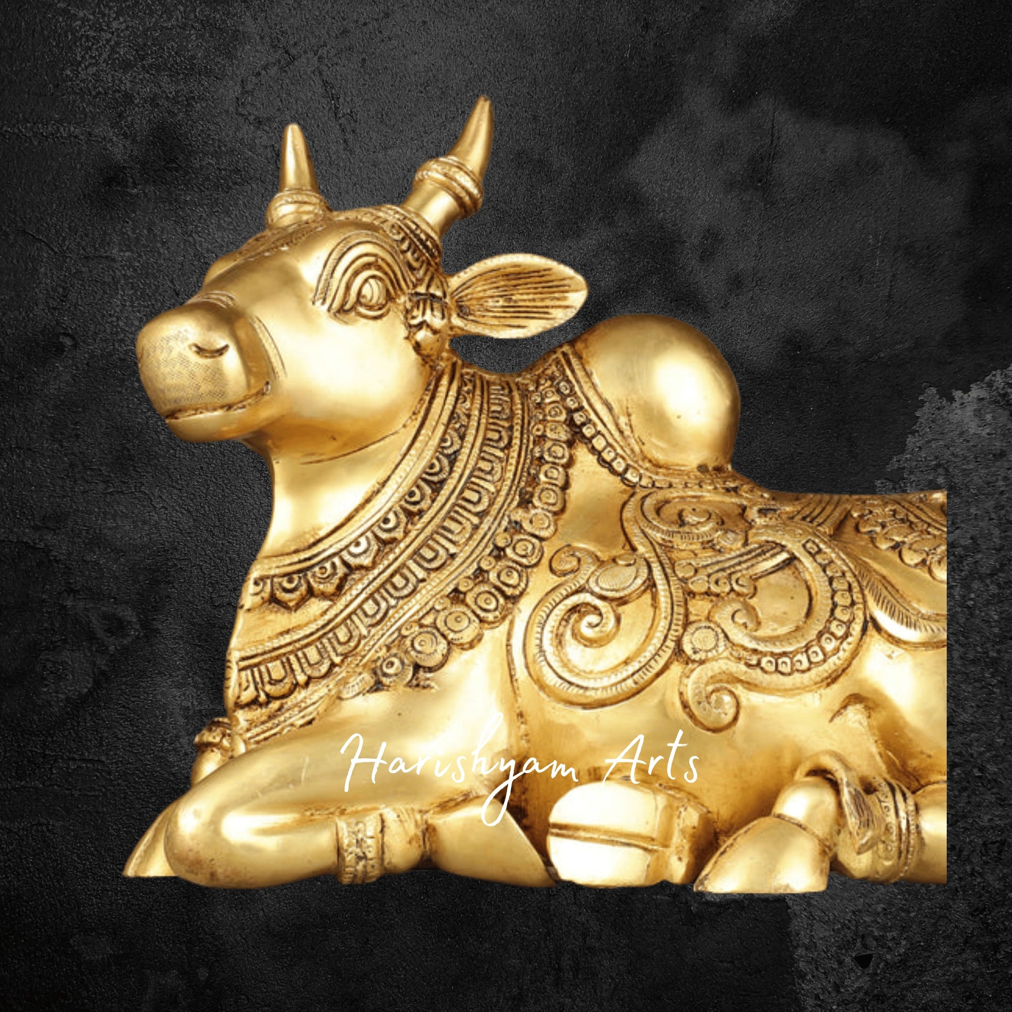 10" Elegant Brass Sitting Nandi Murti with Detailed Carvings