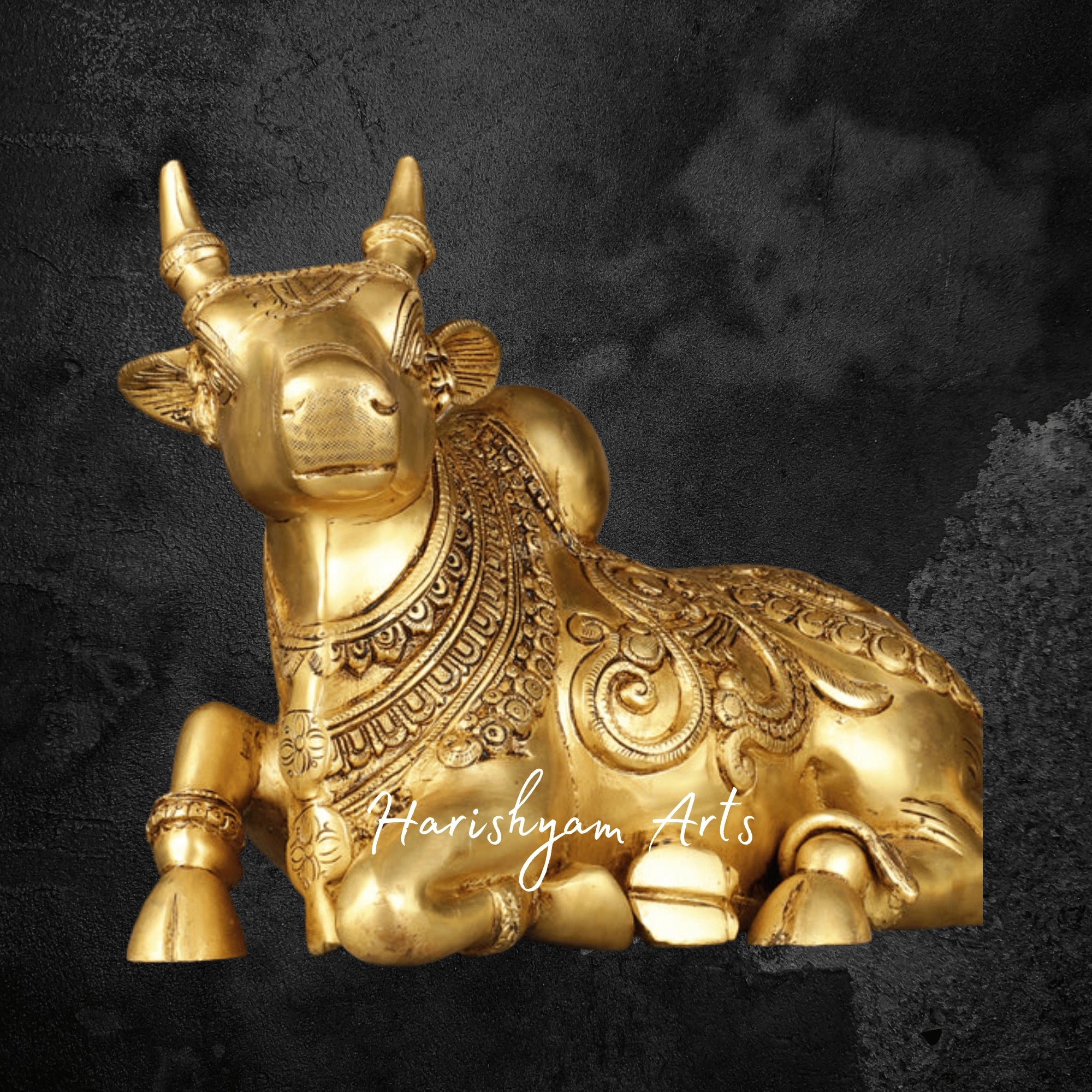 10" Elegant Brass Sitting Nandi Murti with Detailed Carvings
