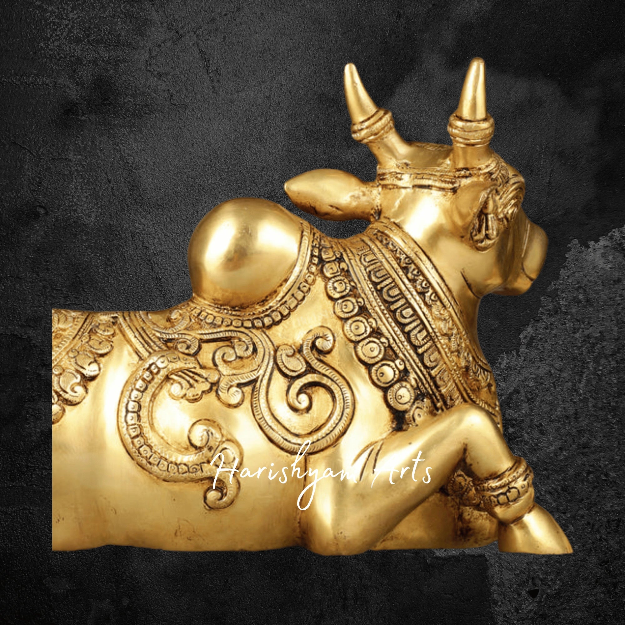 10" Elegant Brass Sitting Nandi Murti with Detailed Carvings
