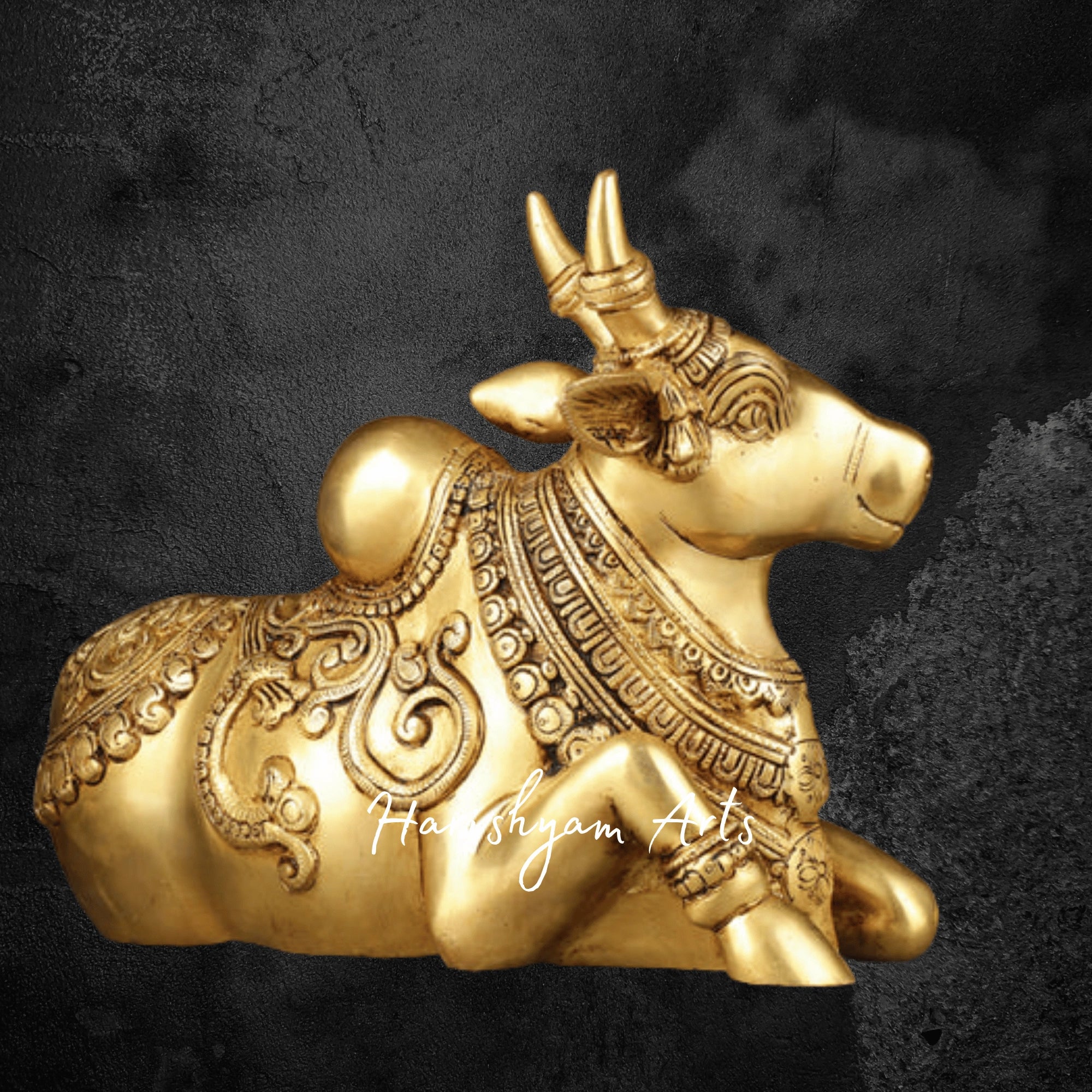 10" Elegant Brass Sitting Nandi Murti with Detailed Carvings