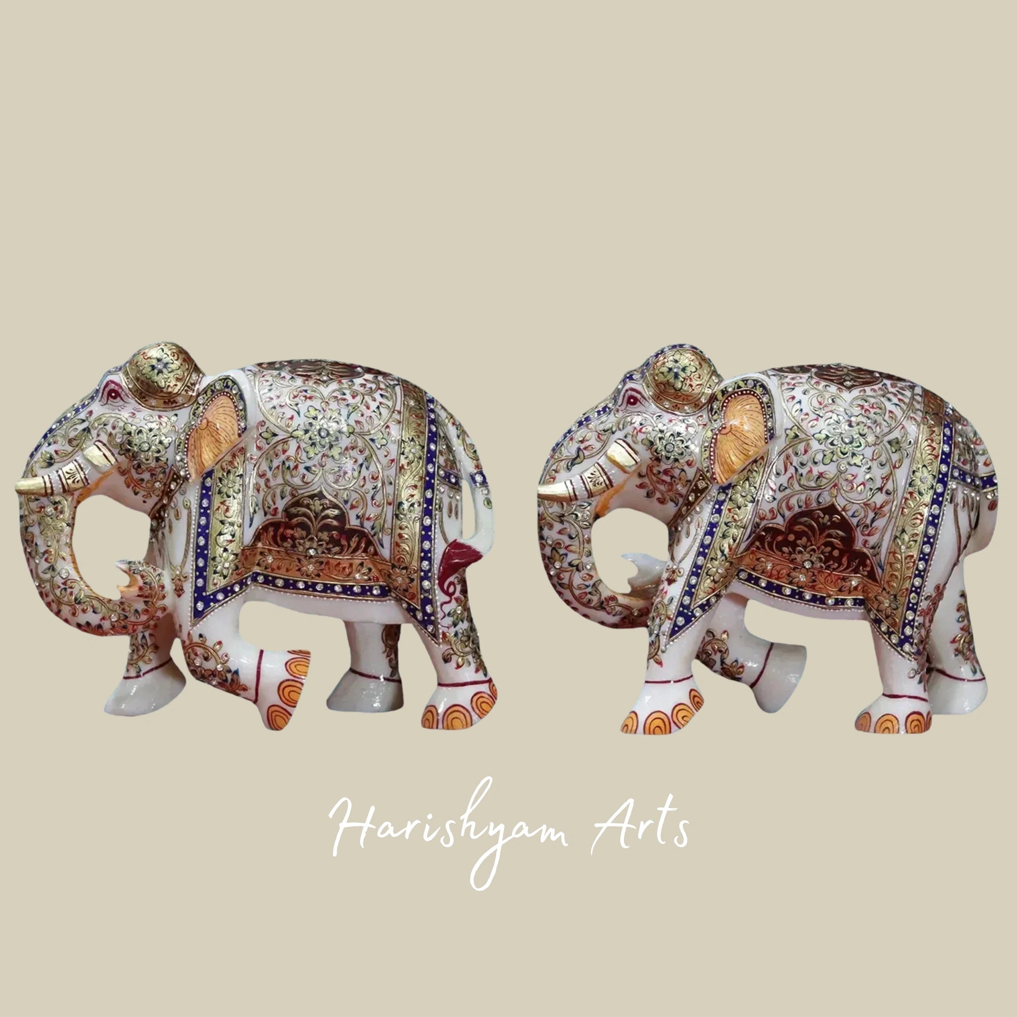 10" Elegant Meenakari Work White Marble Elephant Figurine Handmade Decor