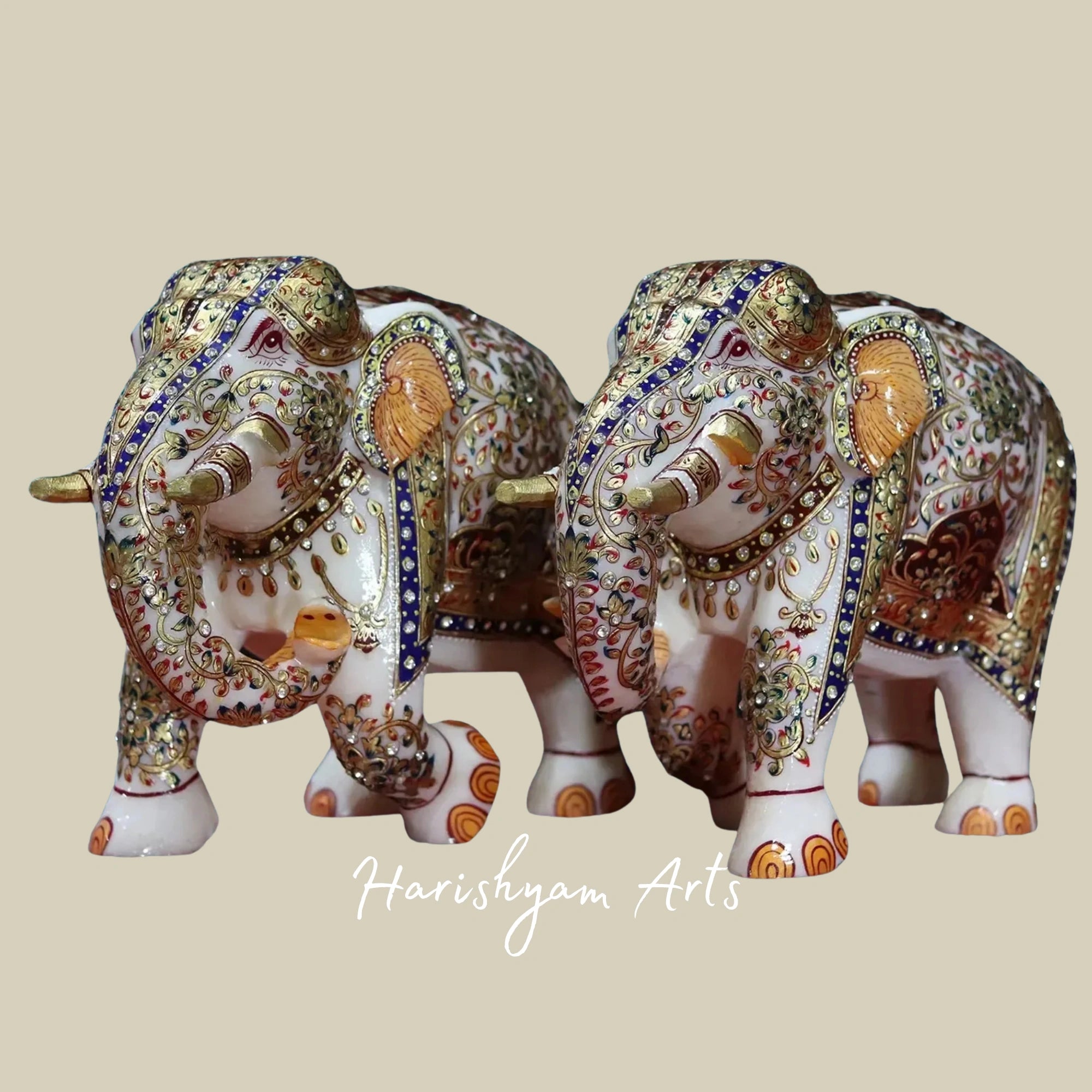 10" Elegant Meenakari Work White Marble Elephant Figurine Handmade Decor