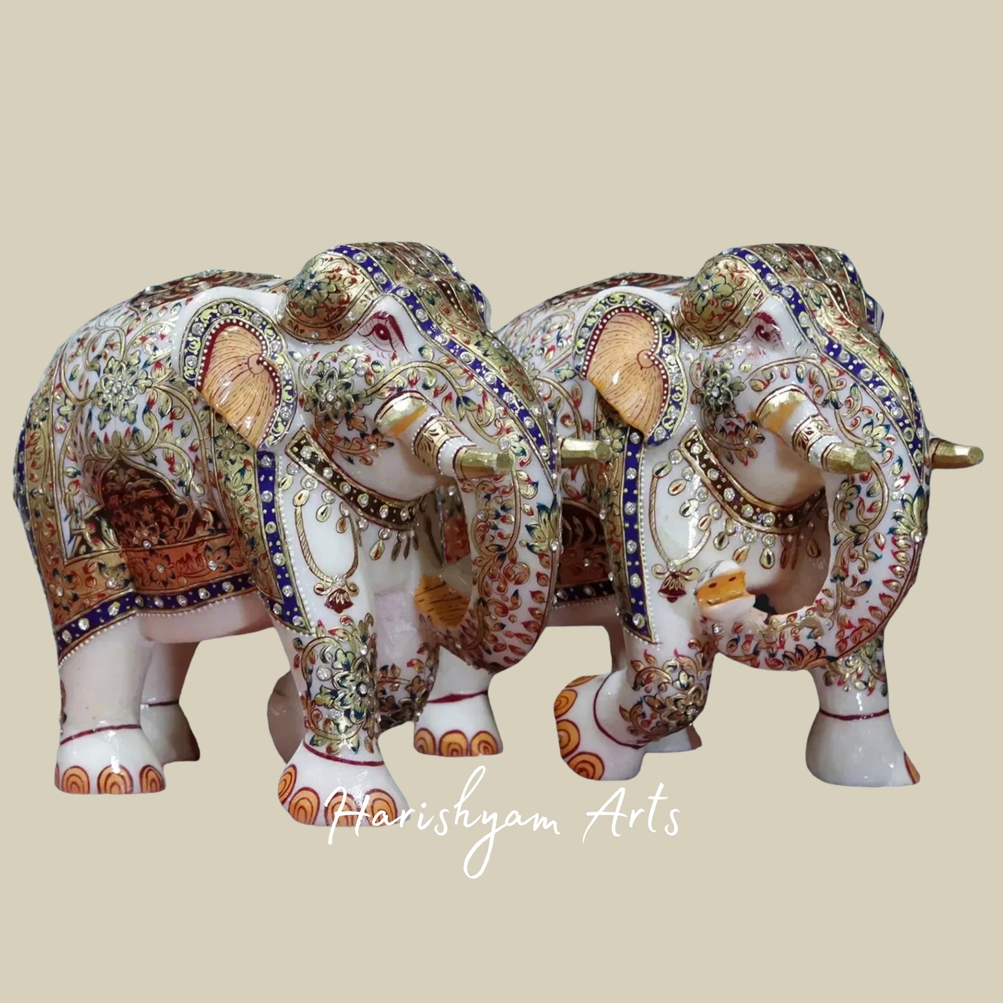 10" Elegant Meenakari Work White Marble Elephant Figurine Handmade Decor