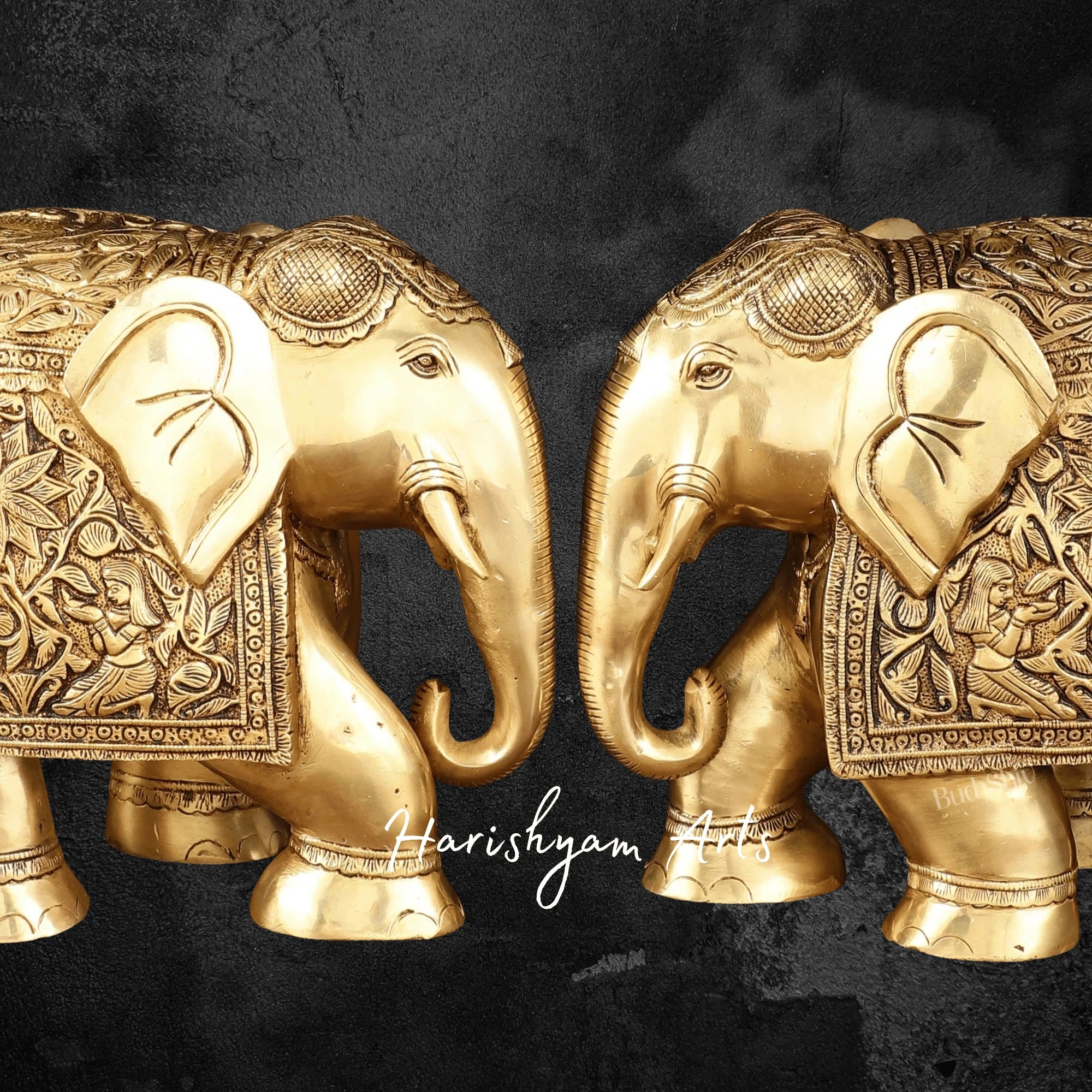 10" Engraved Perfection Brass Elephant Pair for Tabletop Accents