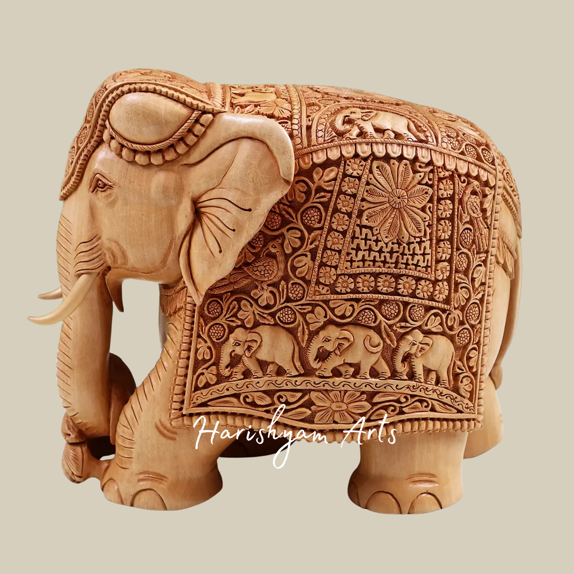 10" Intricately Carved Decorative Wooden Elephant for Interior Styling