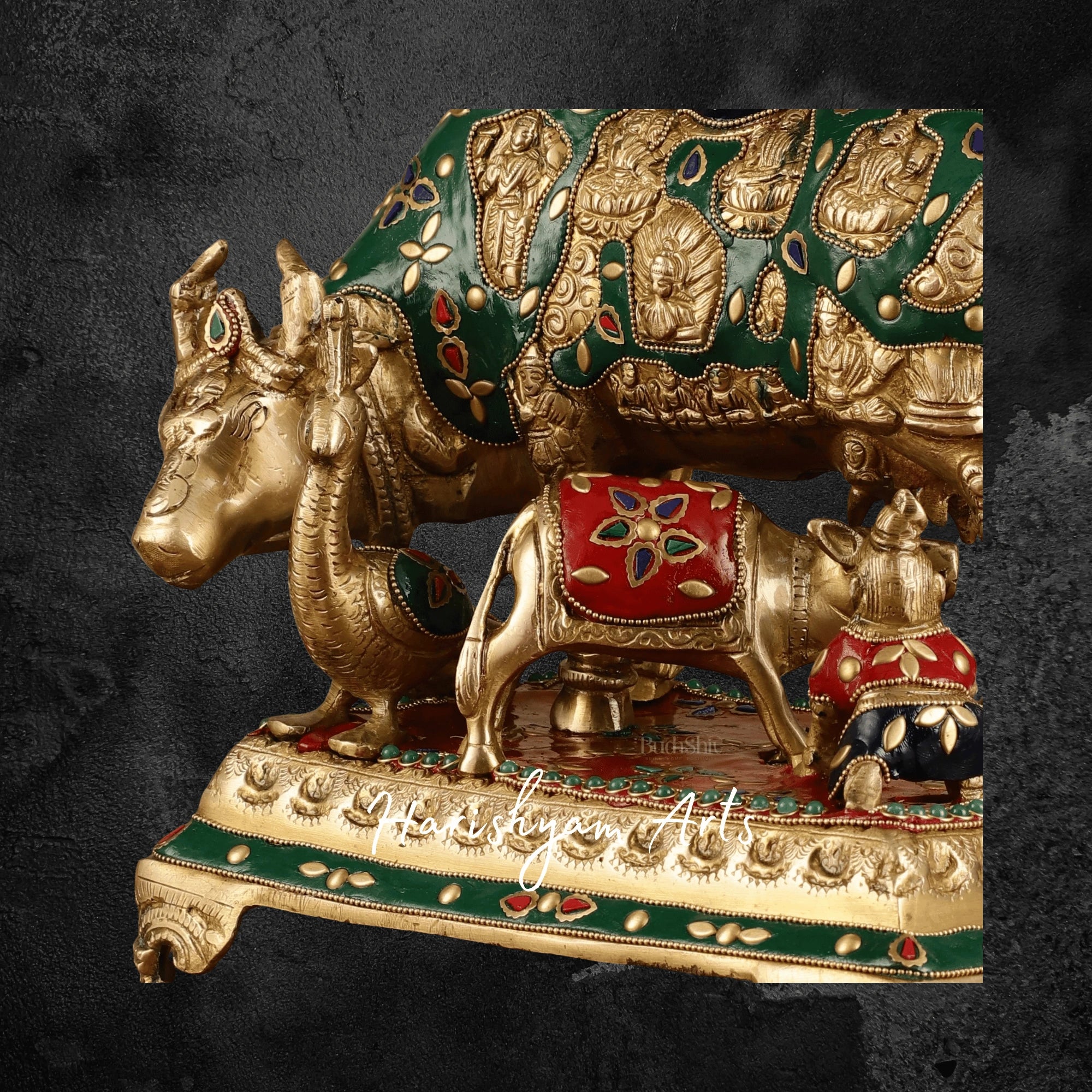 10" Ornate Kaamdhenu Brass Statue with Hindu Gods and Meenakari Art