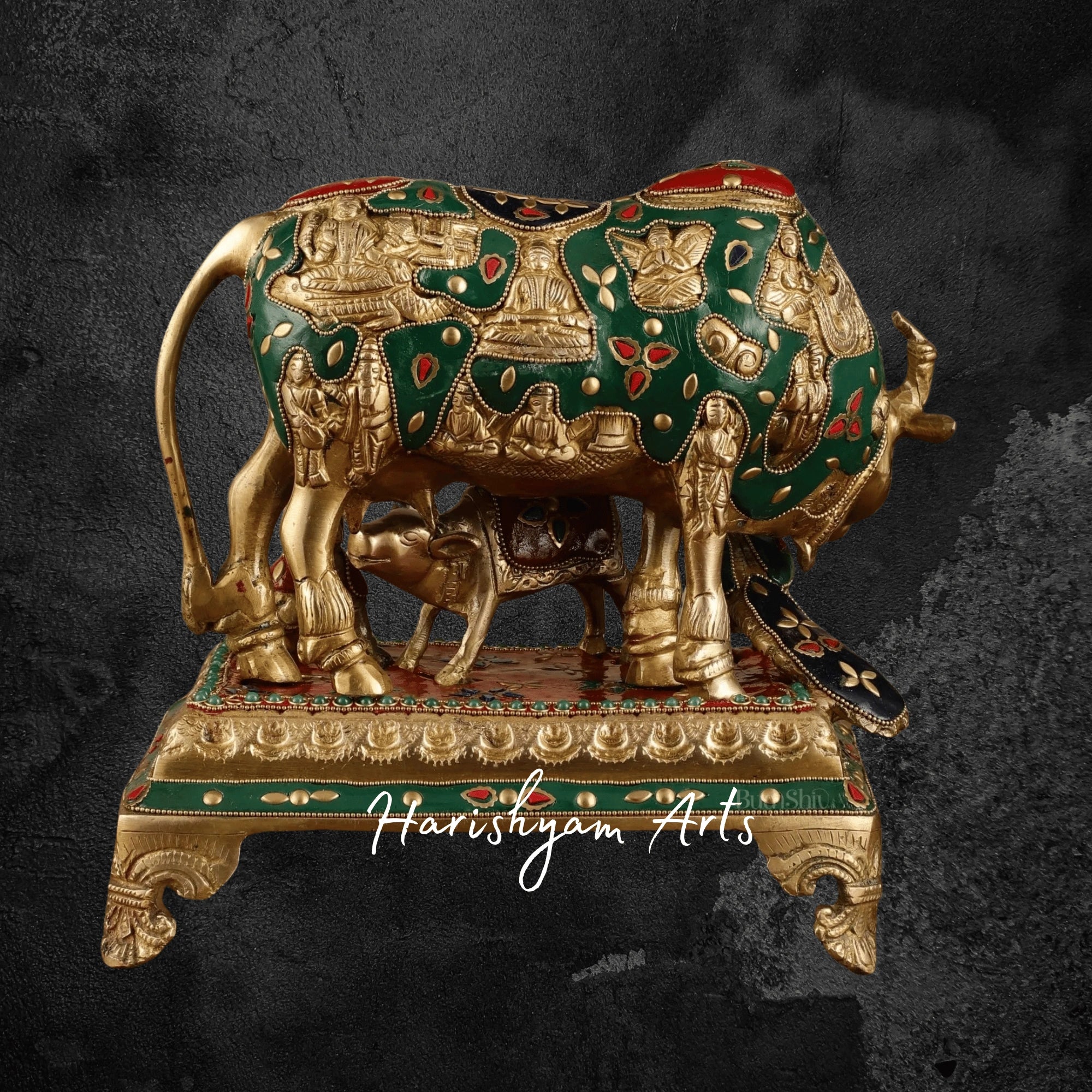 10" Ornate Kaamdhenu Brass Statue with Hindu Gods and Meenakari Art