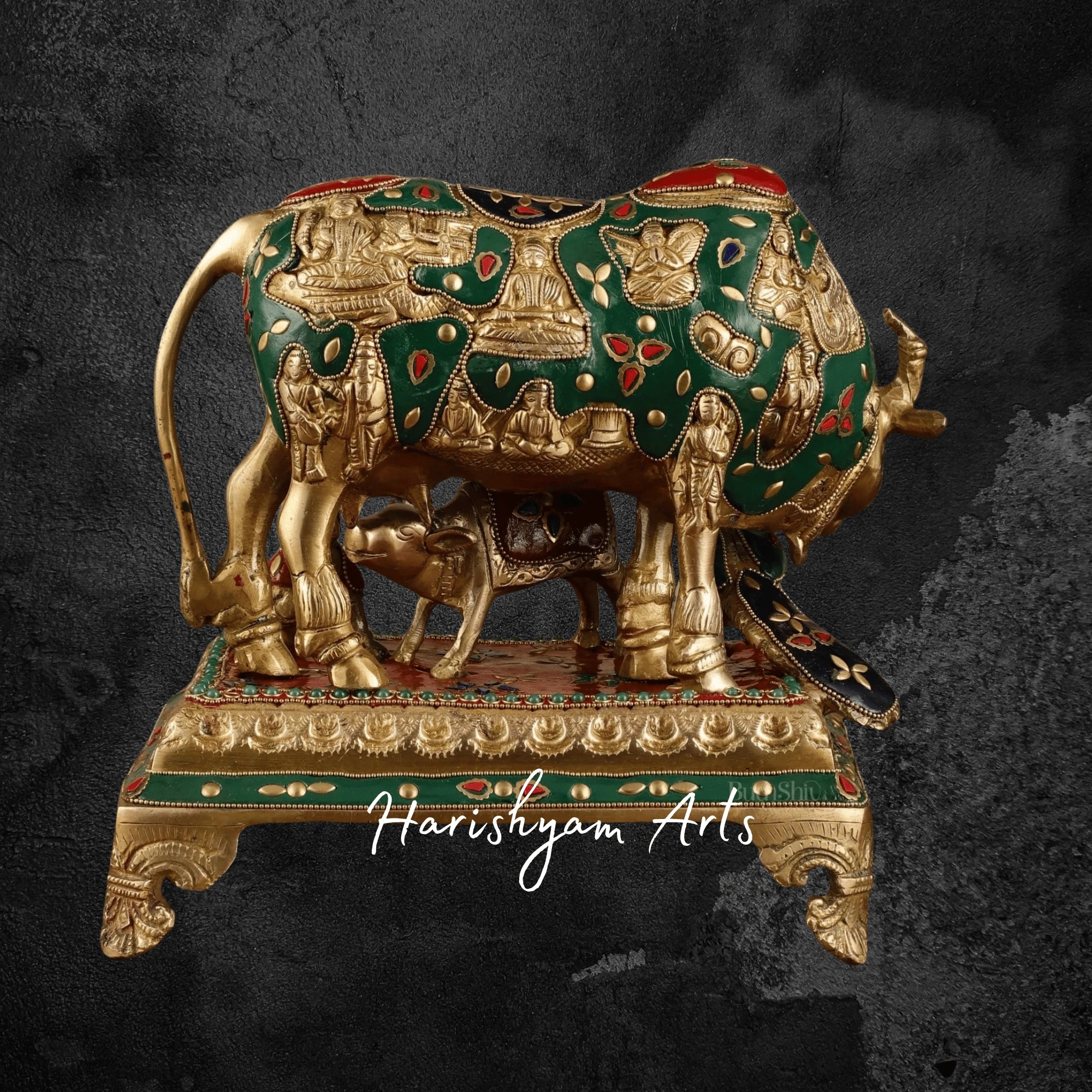 10" Ornate Kaamdhenu Brass Statue with Hindu Gods and Meenakari Art