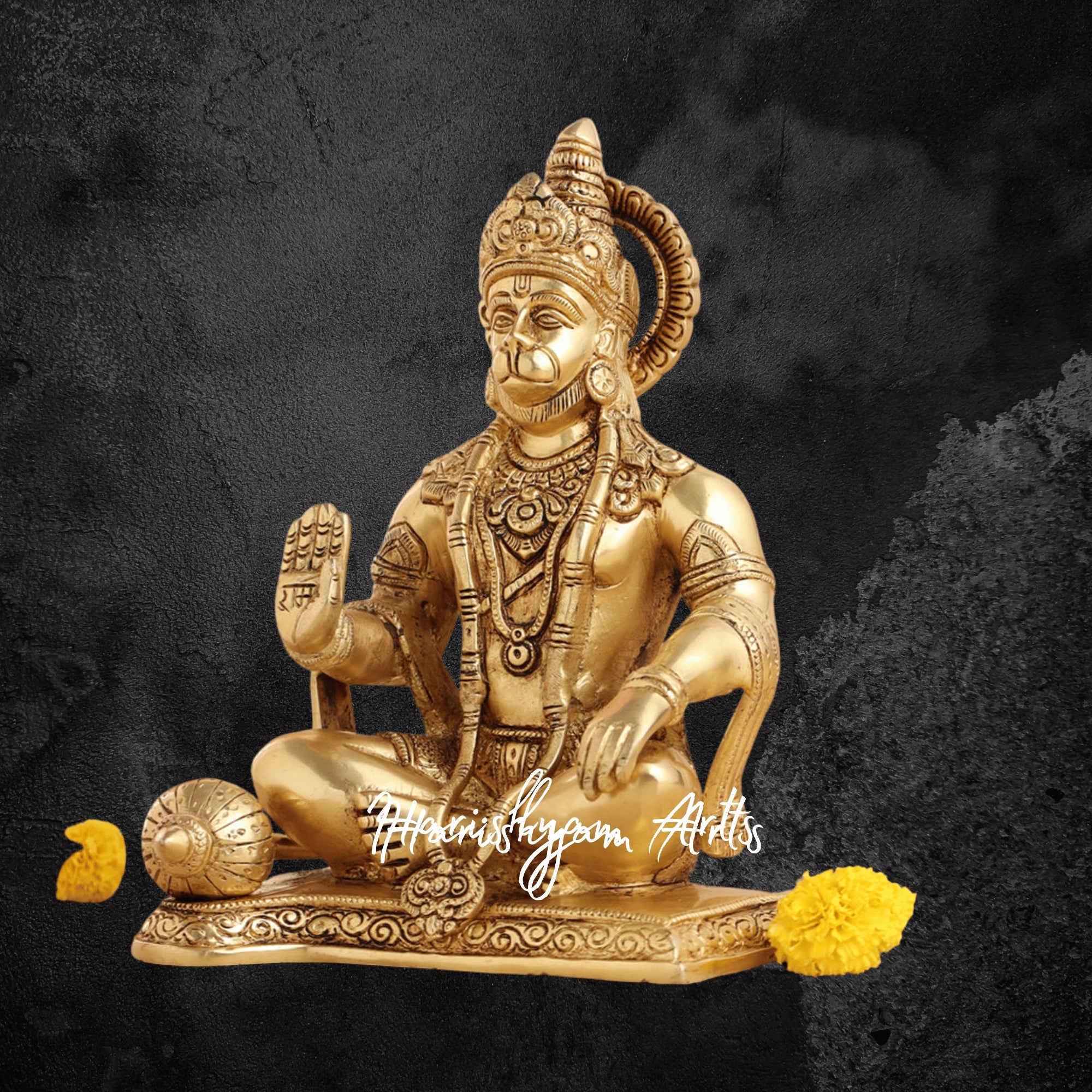10" Pure Brass Hanuman Statue in Sitting Posture for Home and Temple Worship