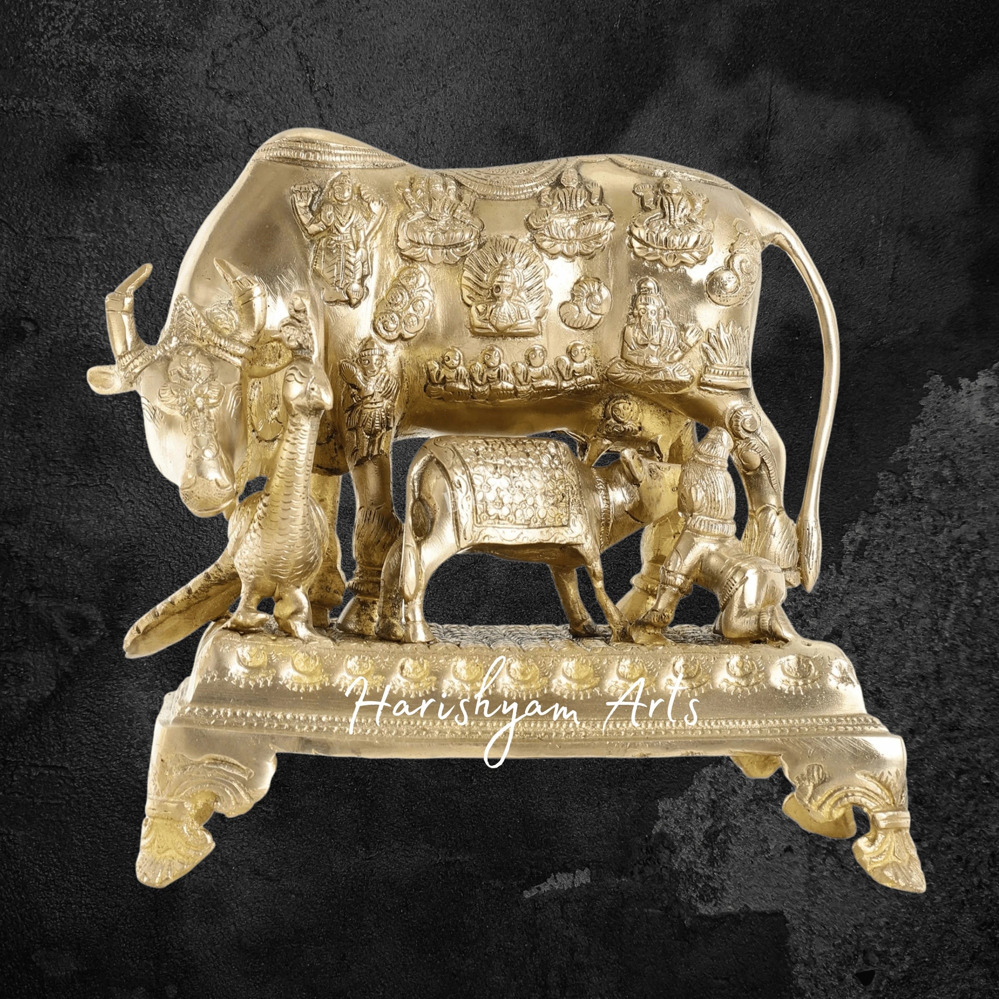 10" Sacred Brass Kaamdhenu Cow and Calf Idol for Home and Temple