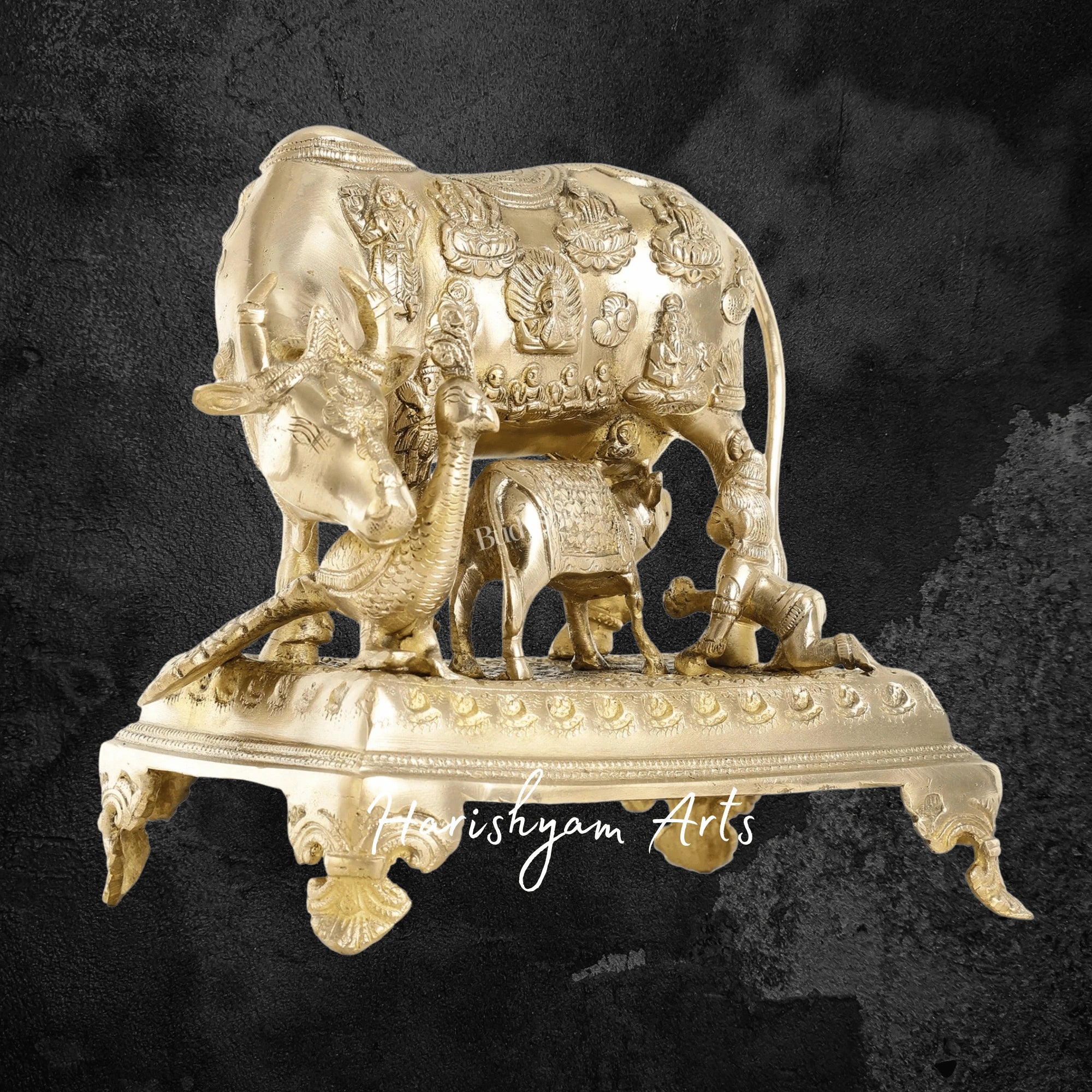 10" Sacred Brass Kaamdhenu Cow and Calf Idol for Home and Temple