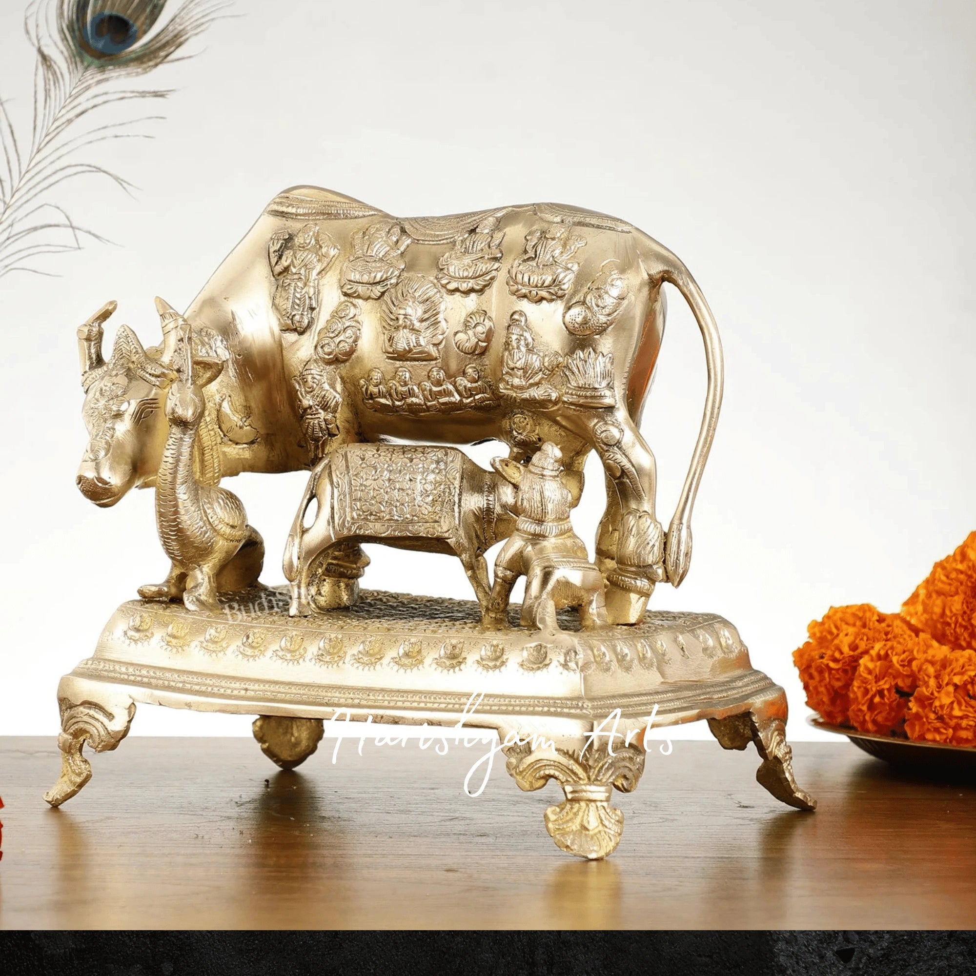 10" Sacred Brass Kaamdhenu Cow and Calf Idol for Home and Temple