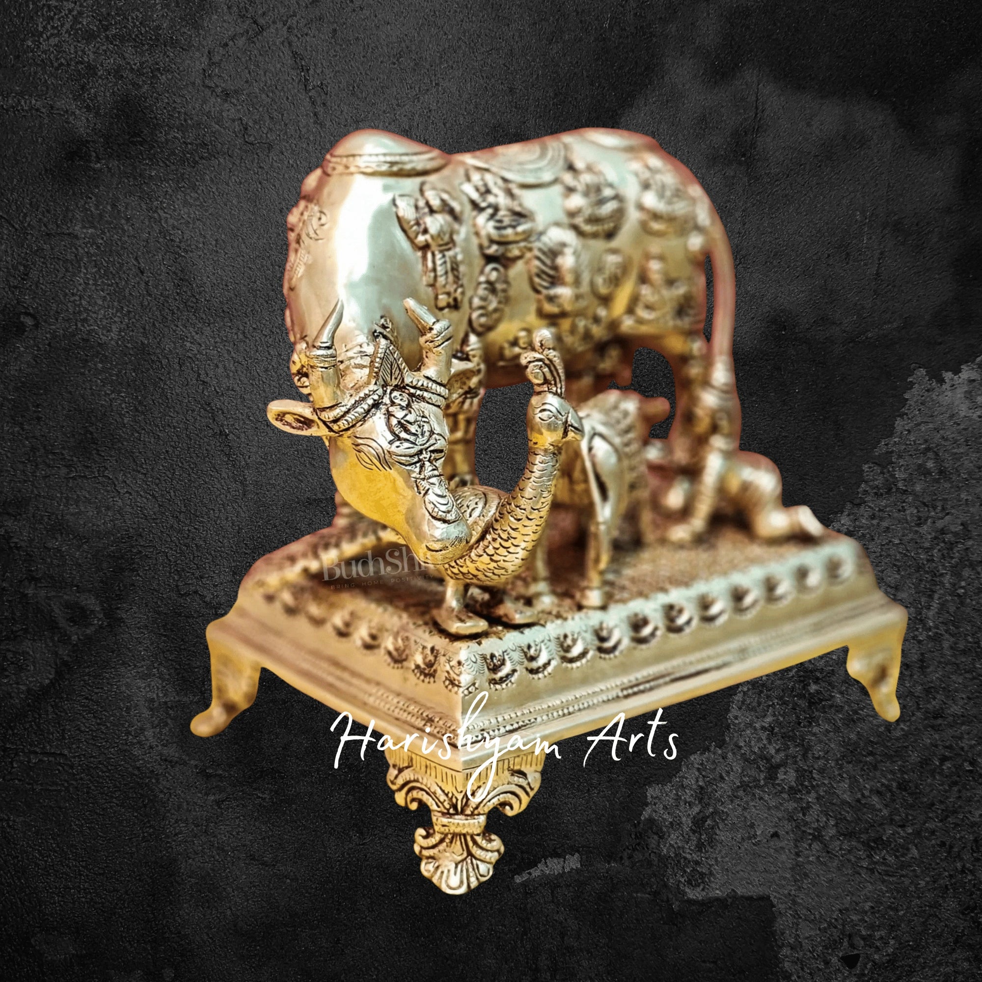 10" Stone Studded Kamadhenu Cow Idol in Brass for Living Room Display