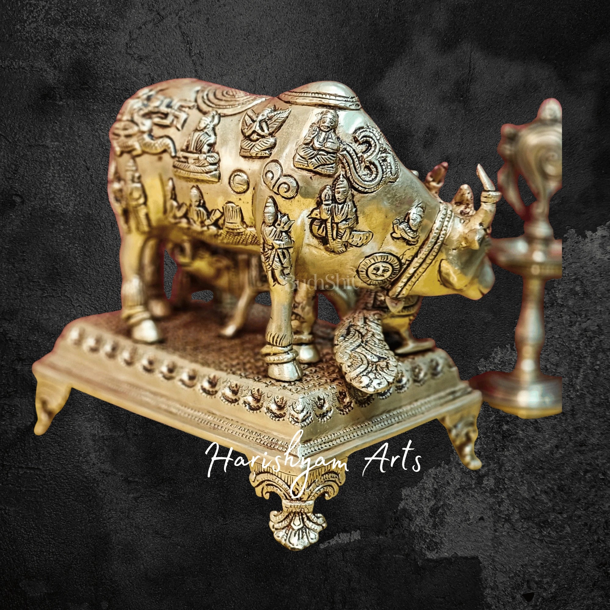 10" Stone Studded Kamadhenu Cow Idol in Brass for Living Room Display