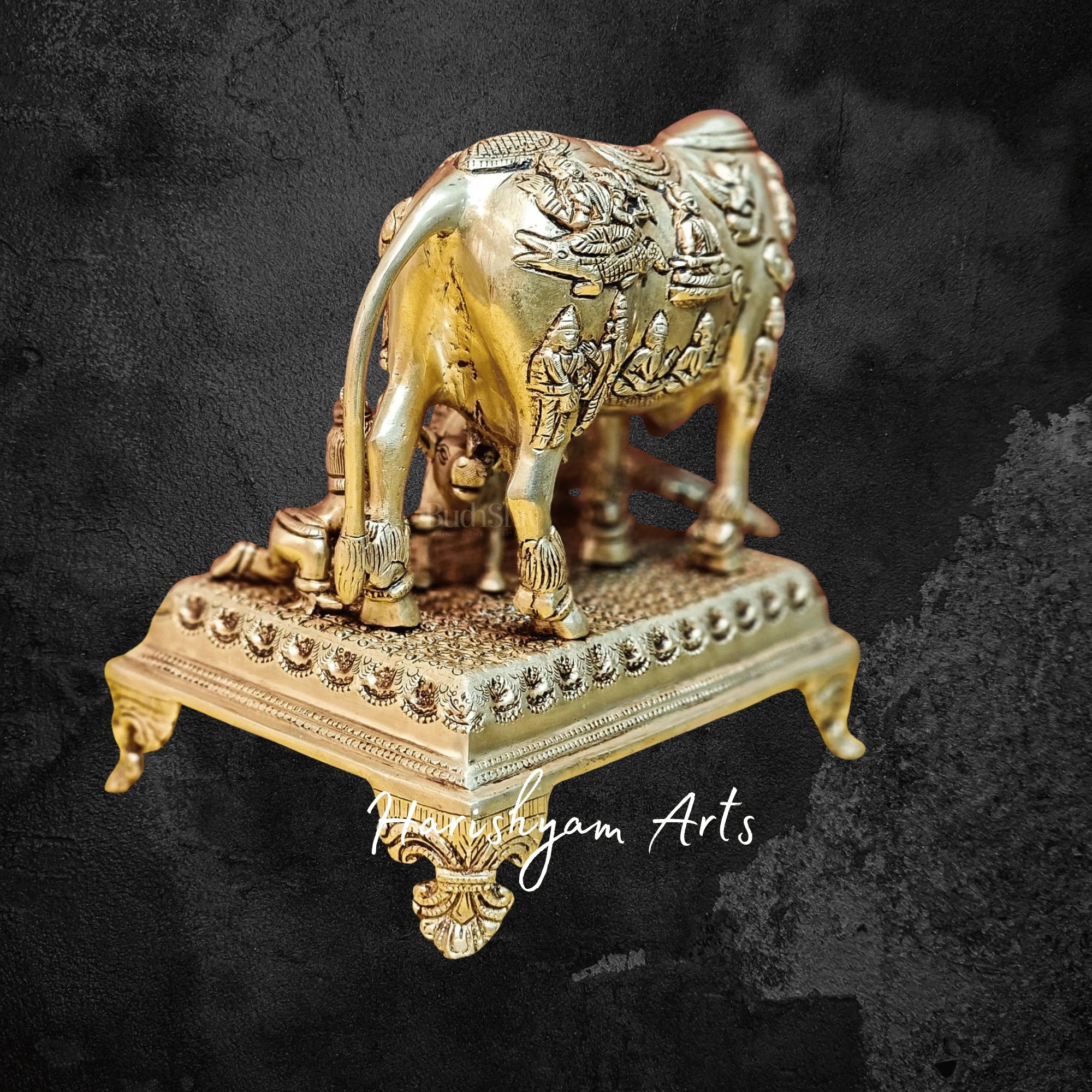 10" Stone Studded Kamadhenu Cow Idol in Brass for Living Room Display