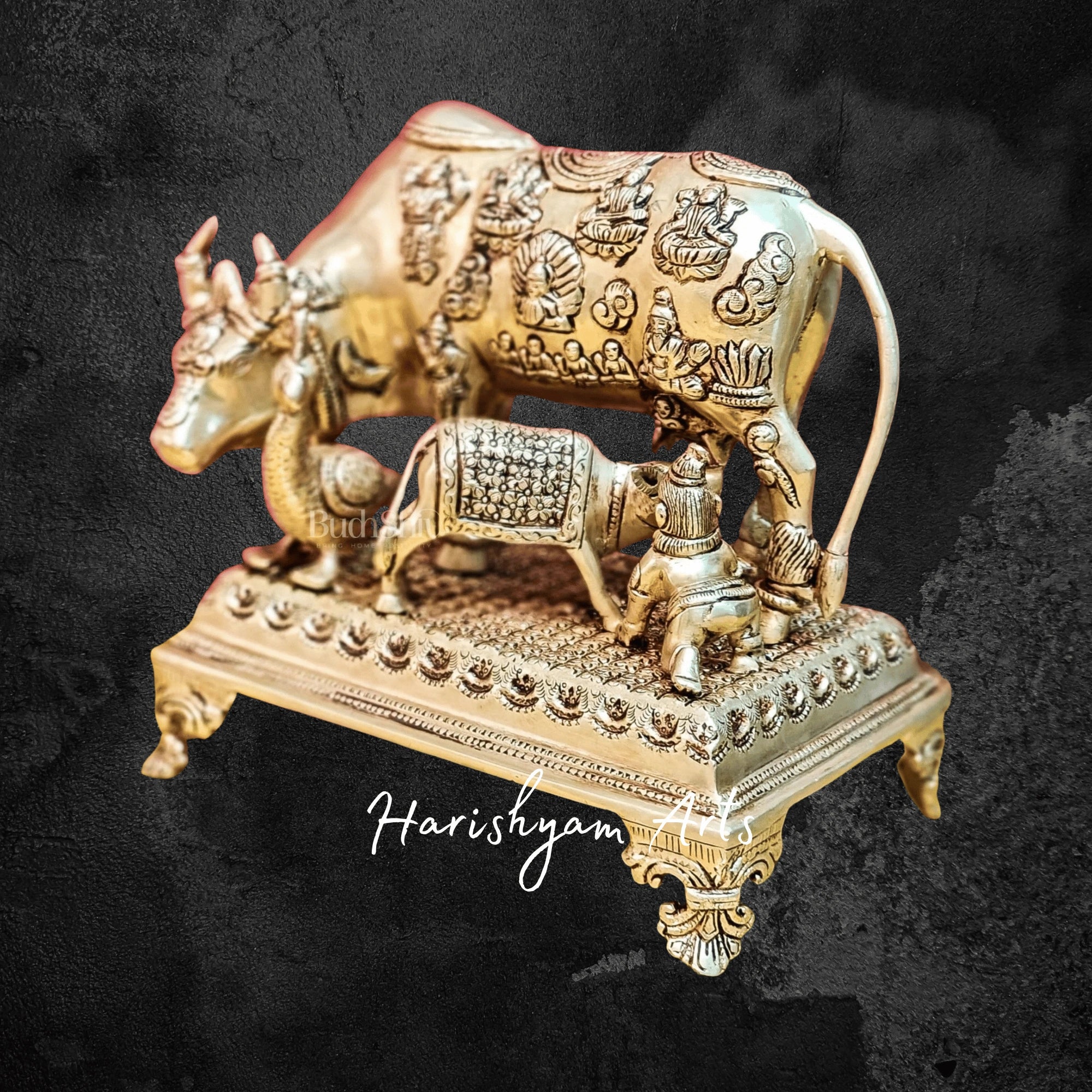 10" Stone Studded Kamadhenu Cow Idol in Brass for Living Room Display
