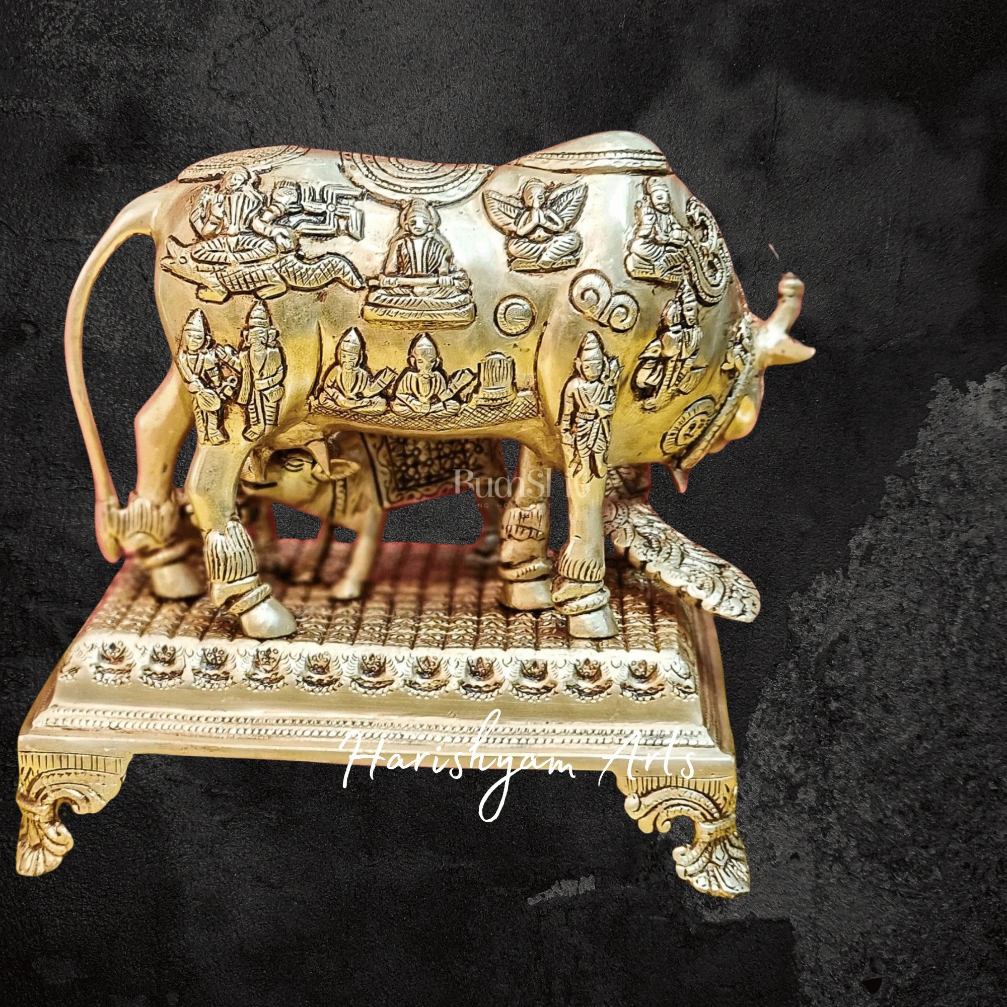 10" Stone Studded Kamadhenu Cow Idol in Brass for Living Room Display