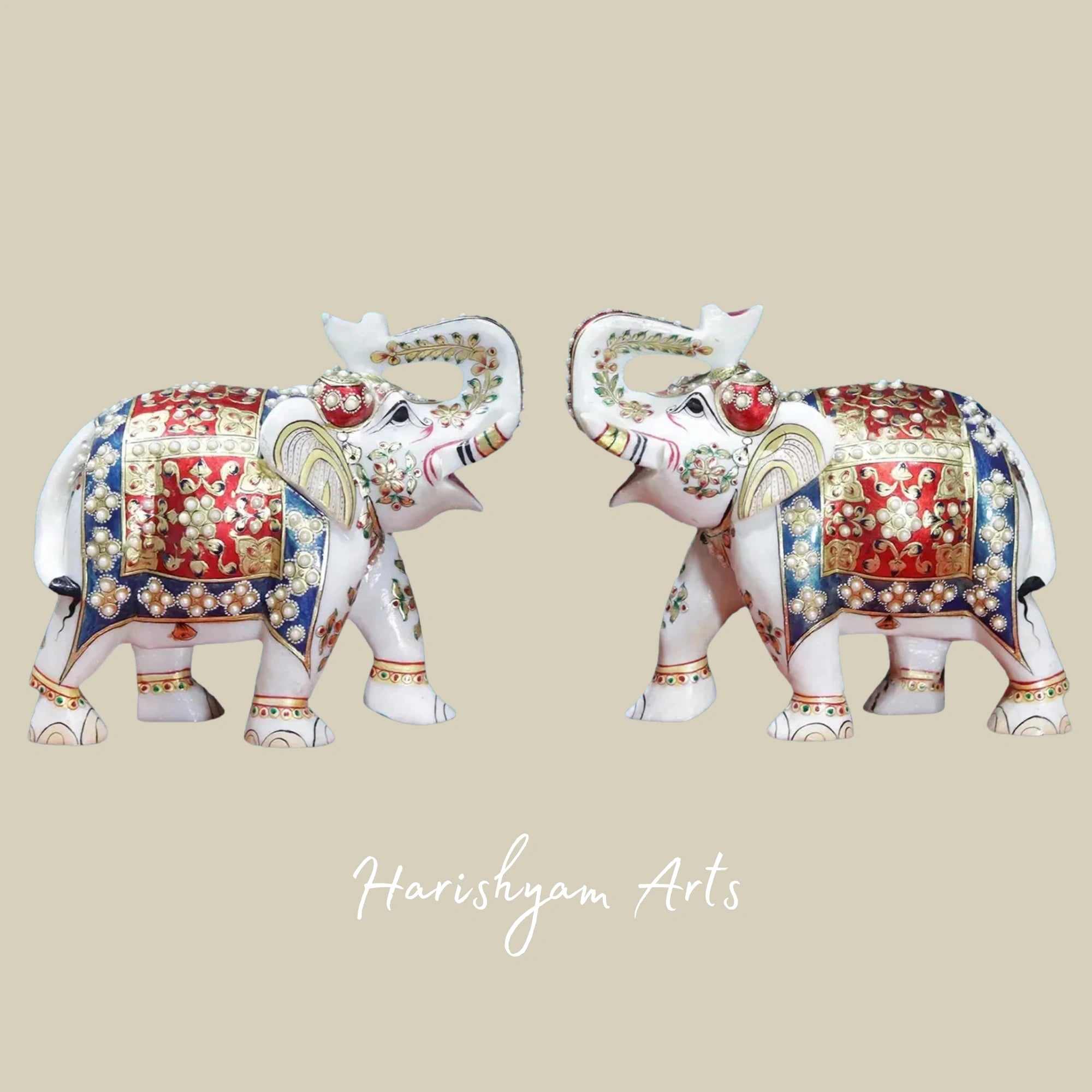 10" Traditional Meenakari Painted Elephant Pair in White Marble Handmade Art