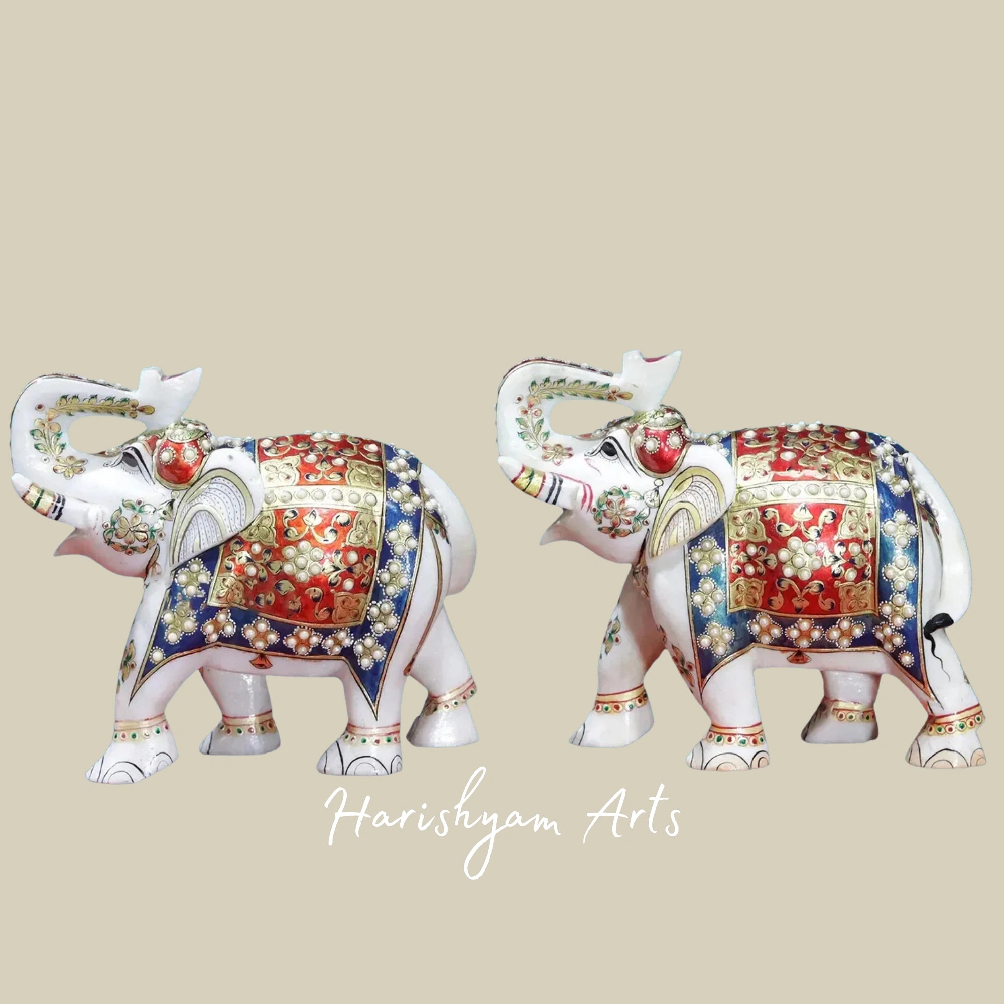 10" Traditional Meenakari Painted Elephant Pair in White Marble Handmade Art