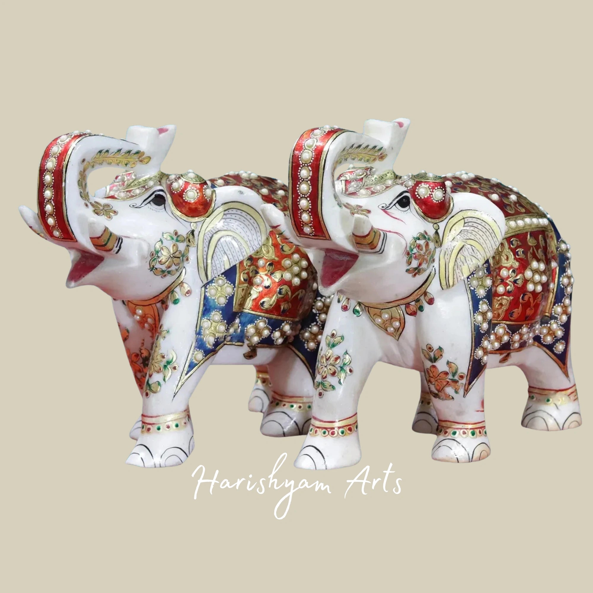 10" Traditional Meenakari Painted Elephant Pair in White Marble Handmade Art