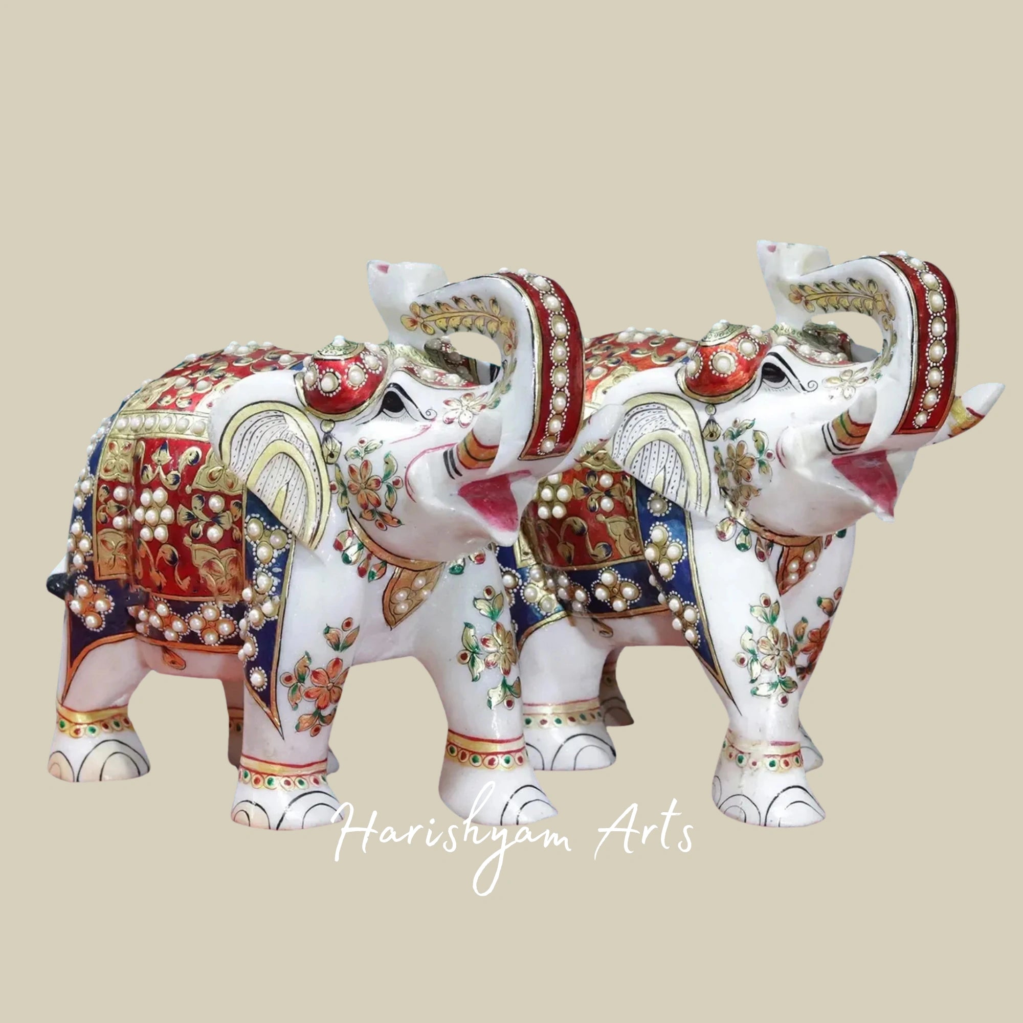10" Traditional Meenakari Painted Elephant Pair in White Marble Handmade Art