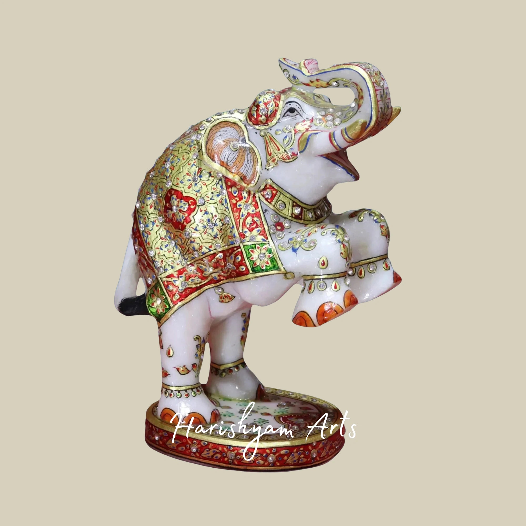 10" Traditional Meenakari Work White Marble Elephant Figurine Handmade Craft