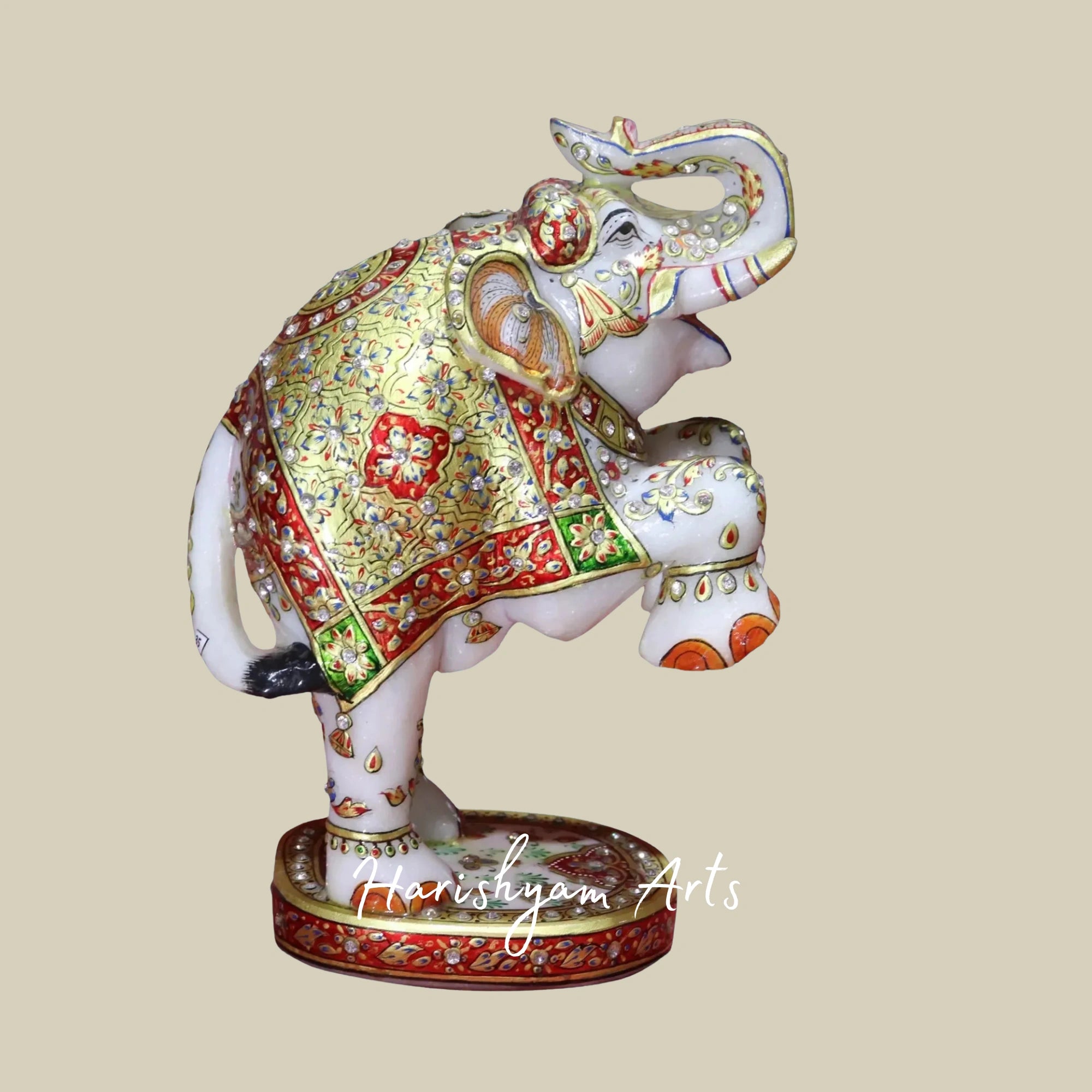 10" Traditional Meenakari Work White Marble Elephant Figurine Handmade Craft