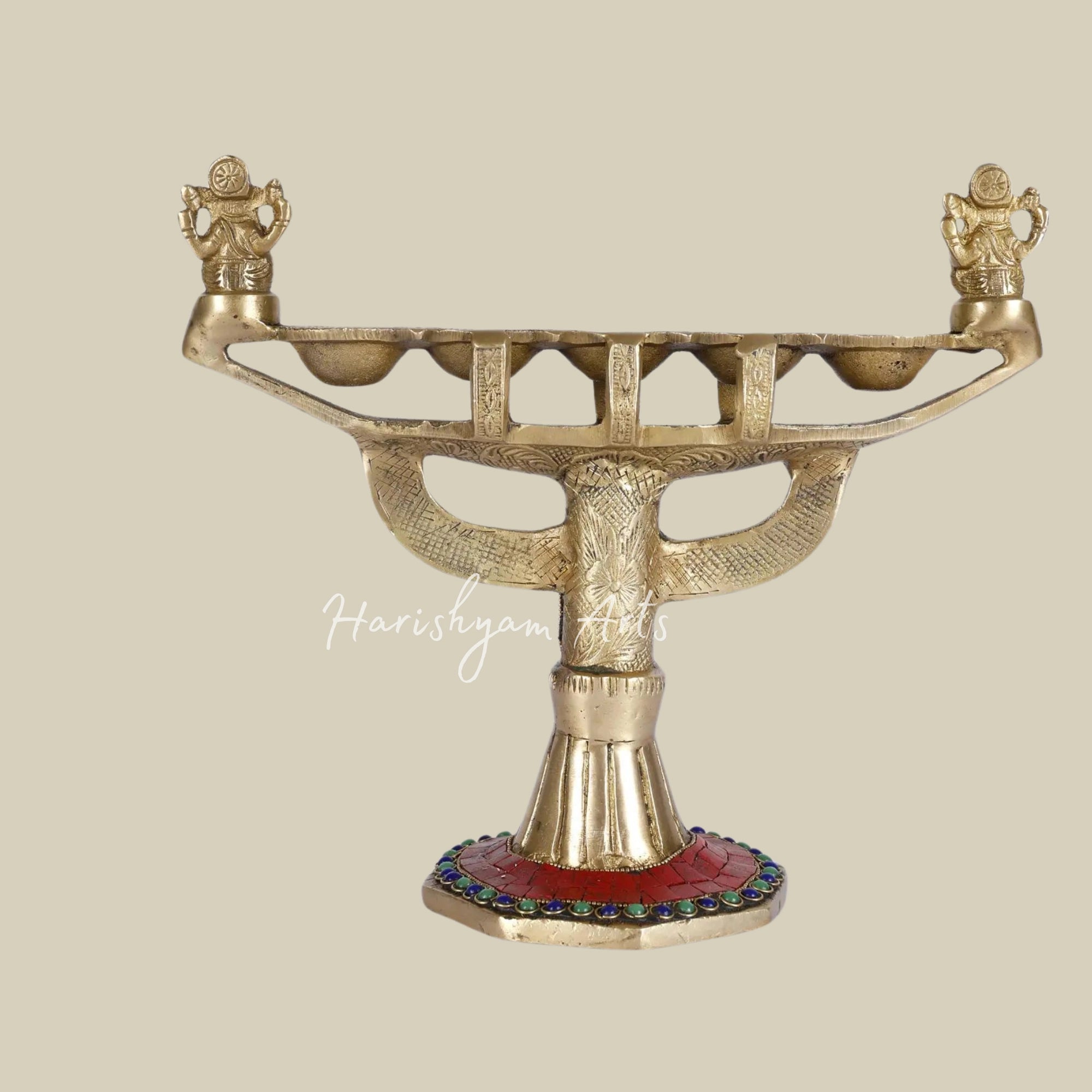 10" Designer Brass Ganesha Lamp with Inlay Work1