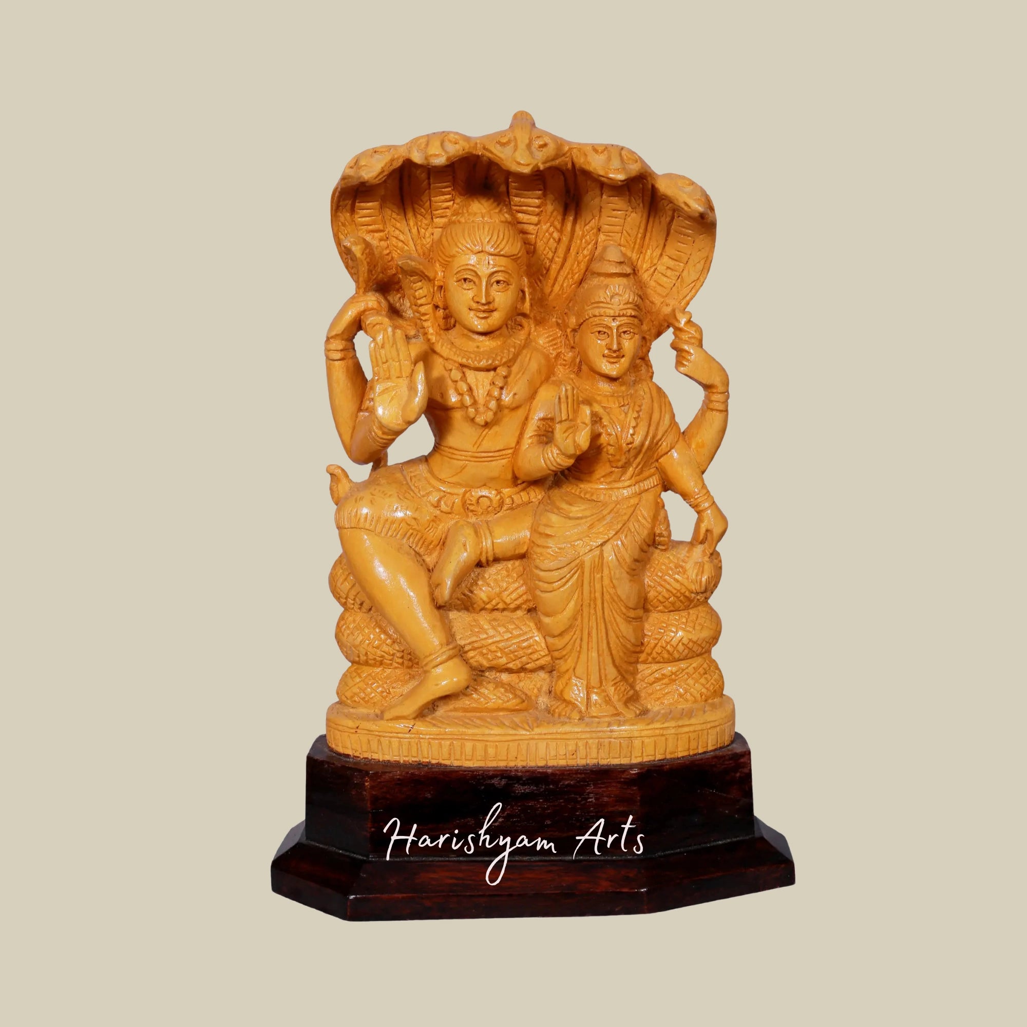 10" Siva Parvati Wooden Statue Seated on Snake Throne Handcrafted Wooden Idol for Home