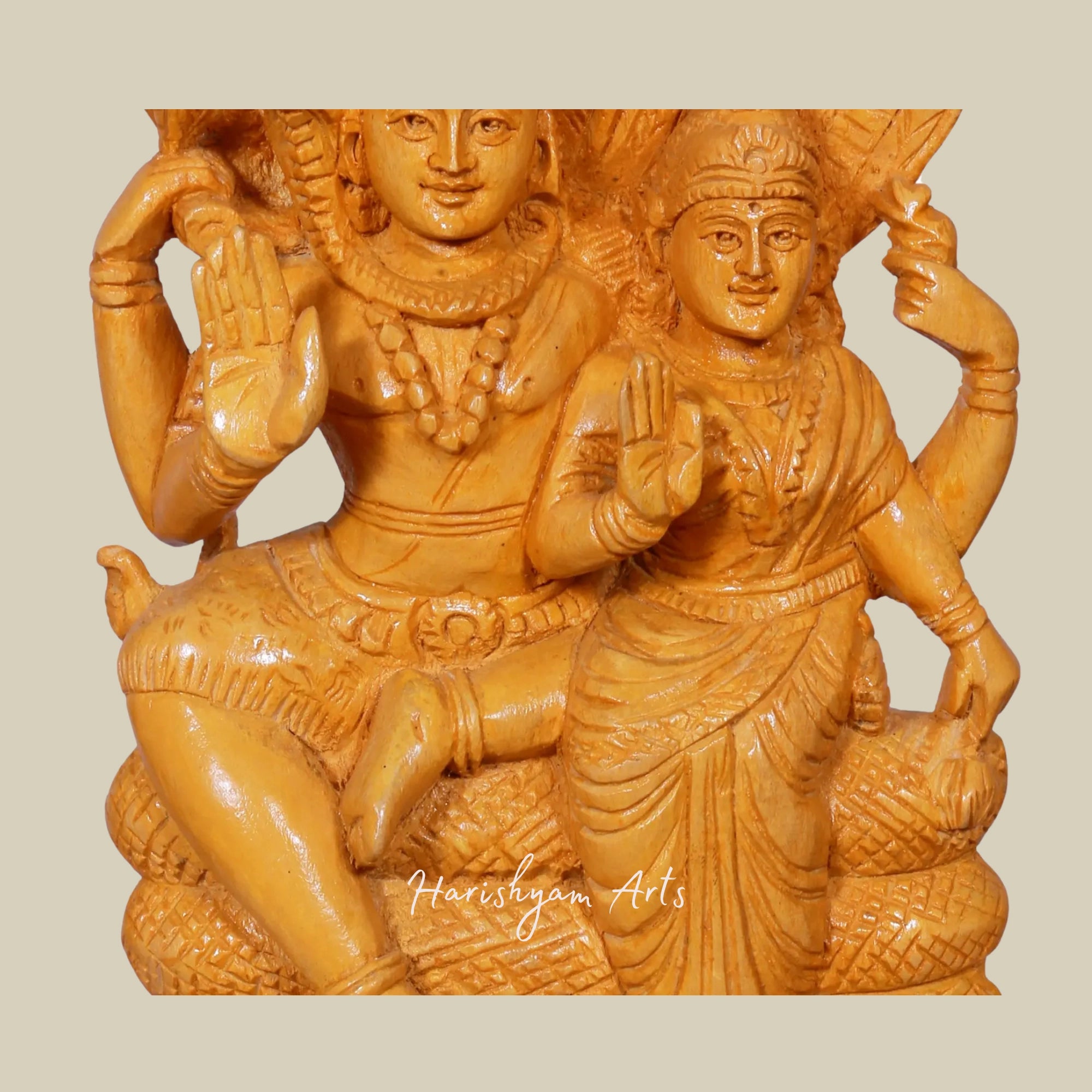 10" Siva Parvati Wooden Statue Seated on Snake Throne Handcrafted Wooden Idol for Home2