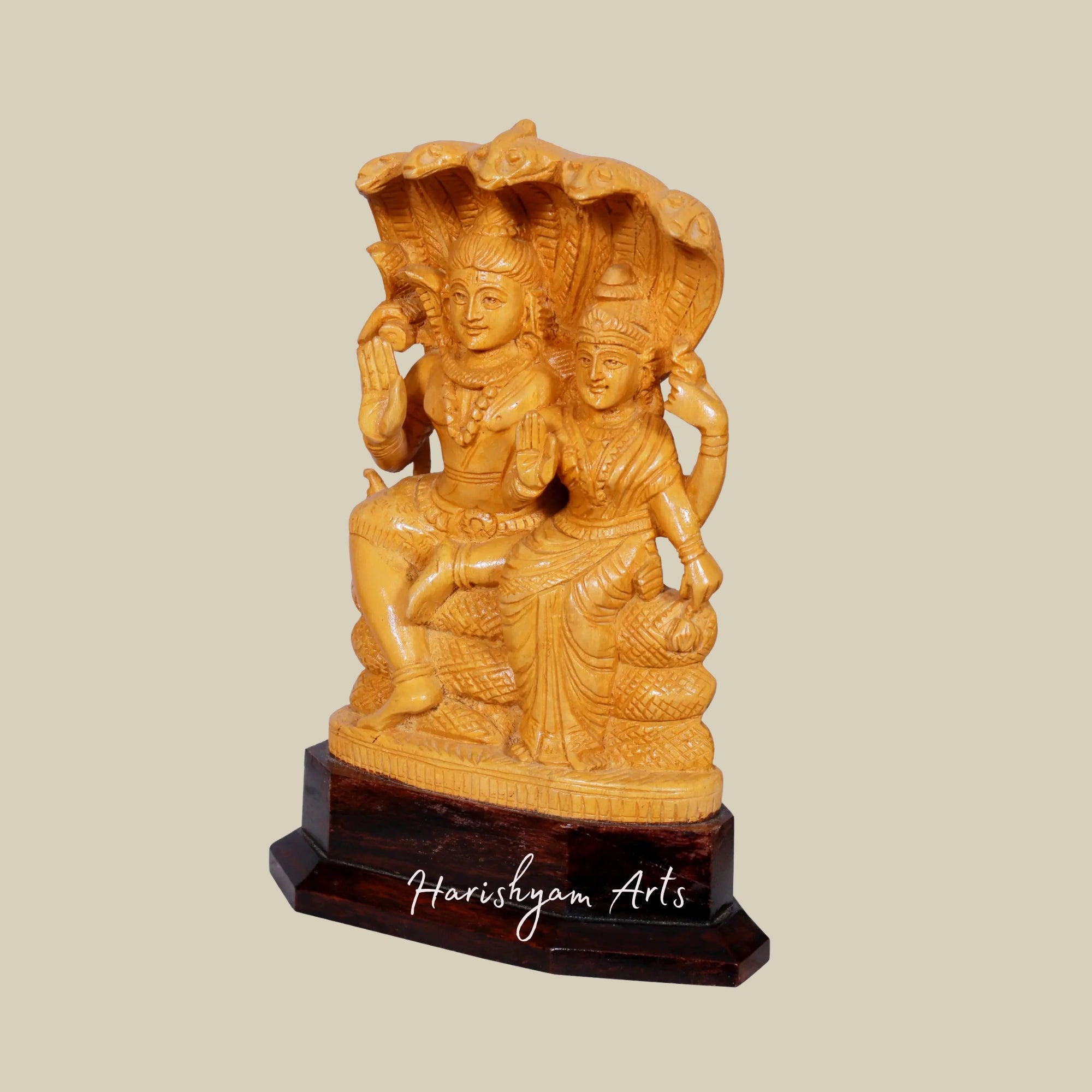 10" Siva Parvati Wooden Statue Seated on Snake Throne Handcrafted Wooden Idol for Home4