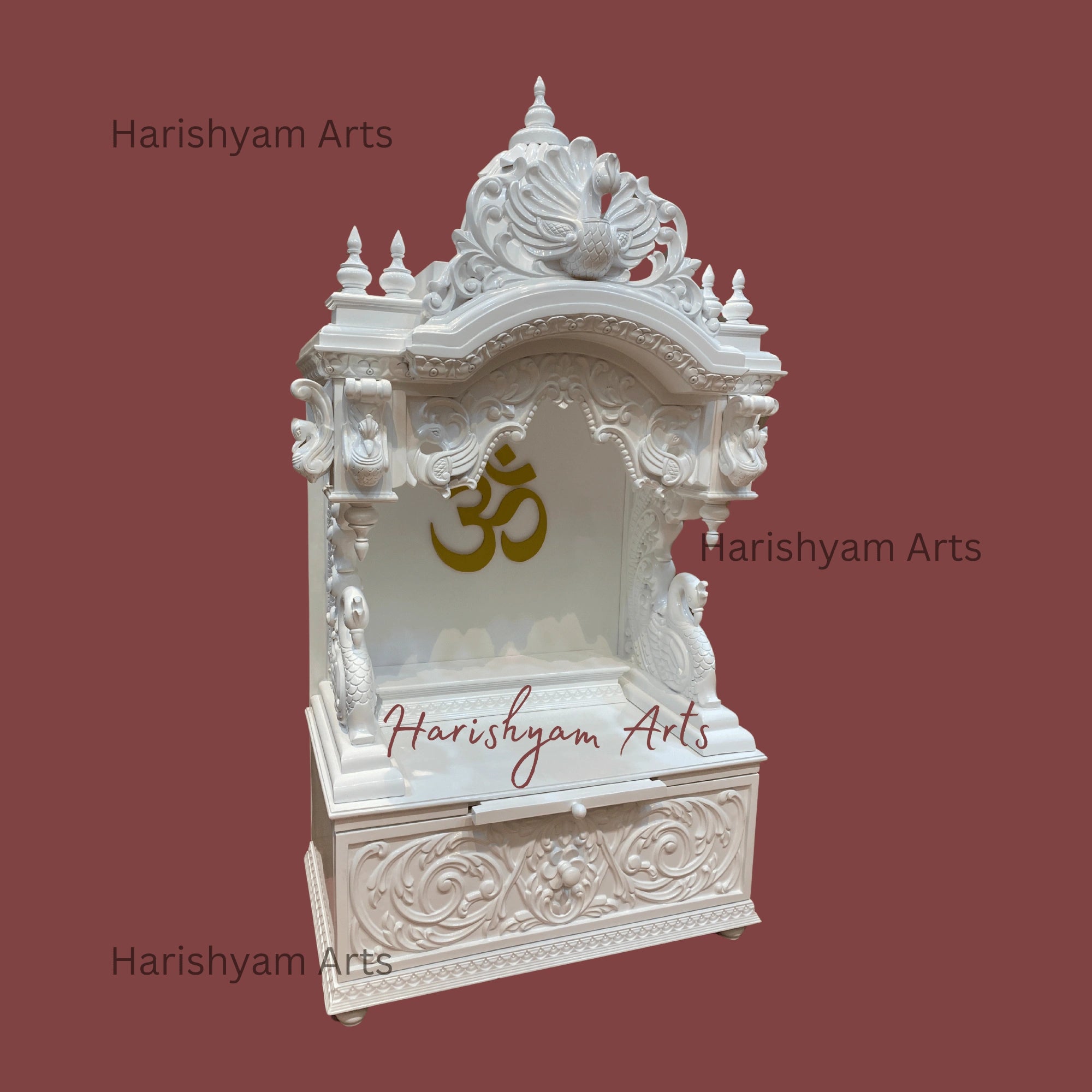 48" White Teak Wood Mandir with "Golden OM"