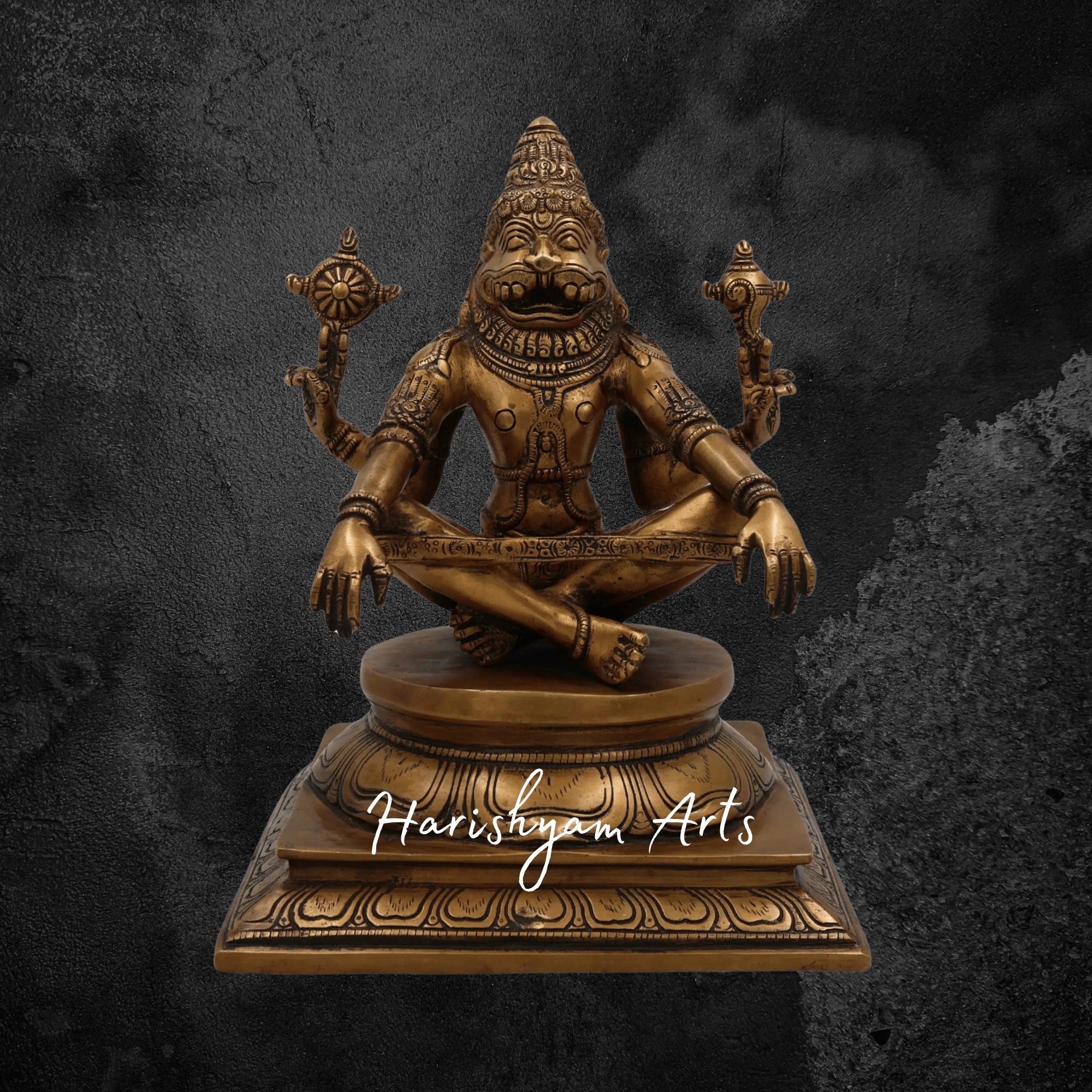 11" Antique Gold Brass Yog Narasimha Statue Meditative Pose of Lord Narasimha for Peace1