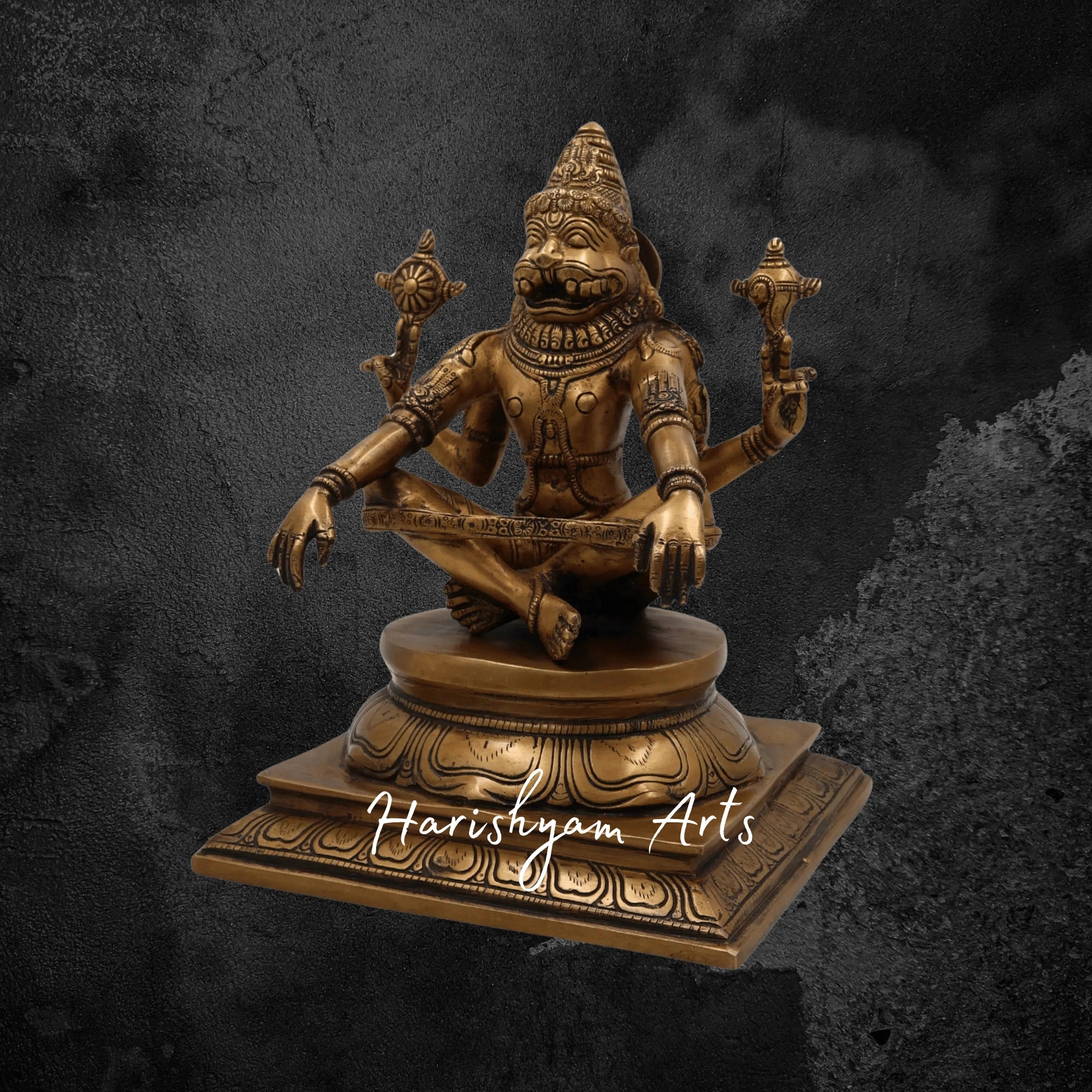 11" Antique Gold Brass Yog Narasimha Statue Meditative Pose of Lord Narasimha for Peace3