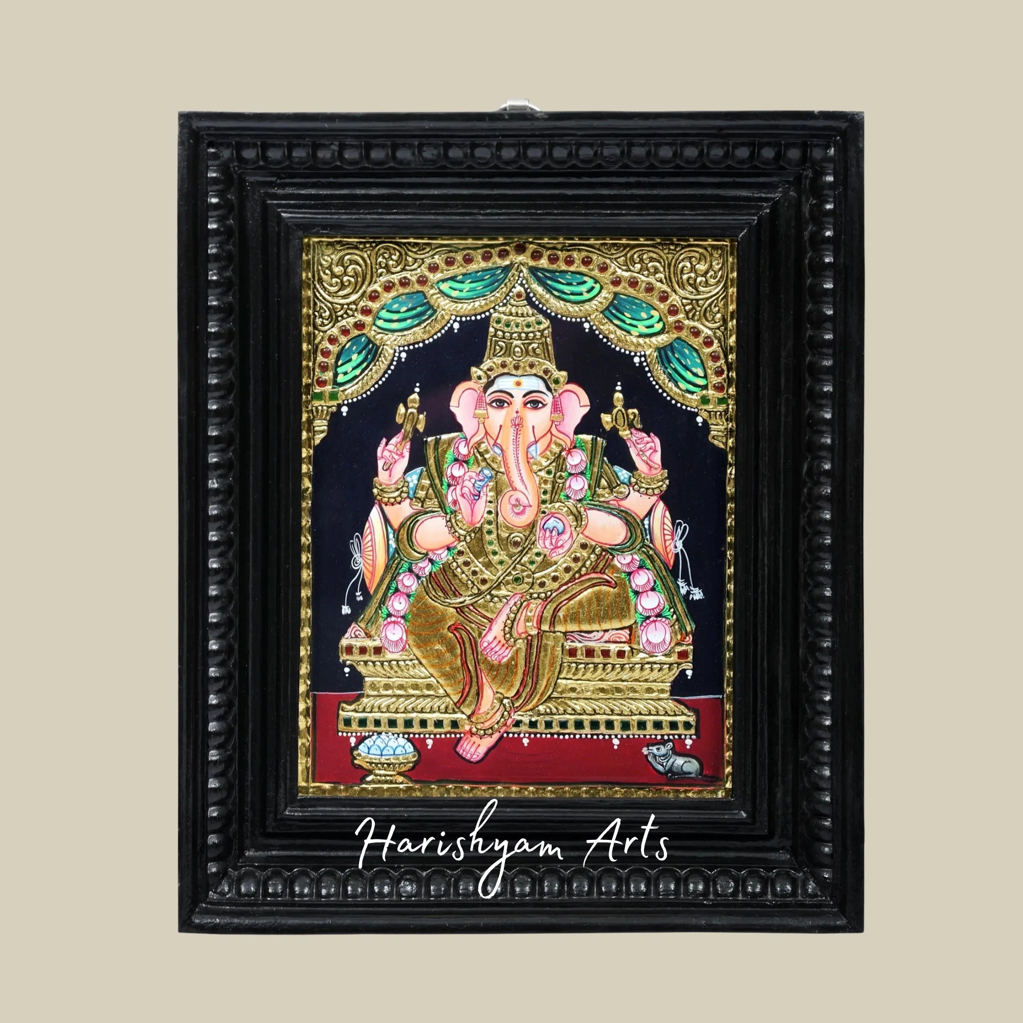 11" Bhagawan Ganesha Tanjore Painting with Premium Teakwood Frame