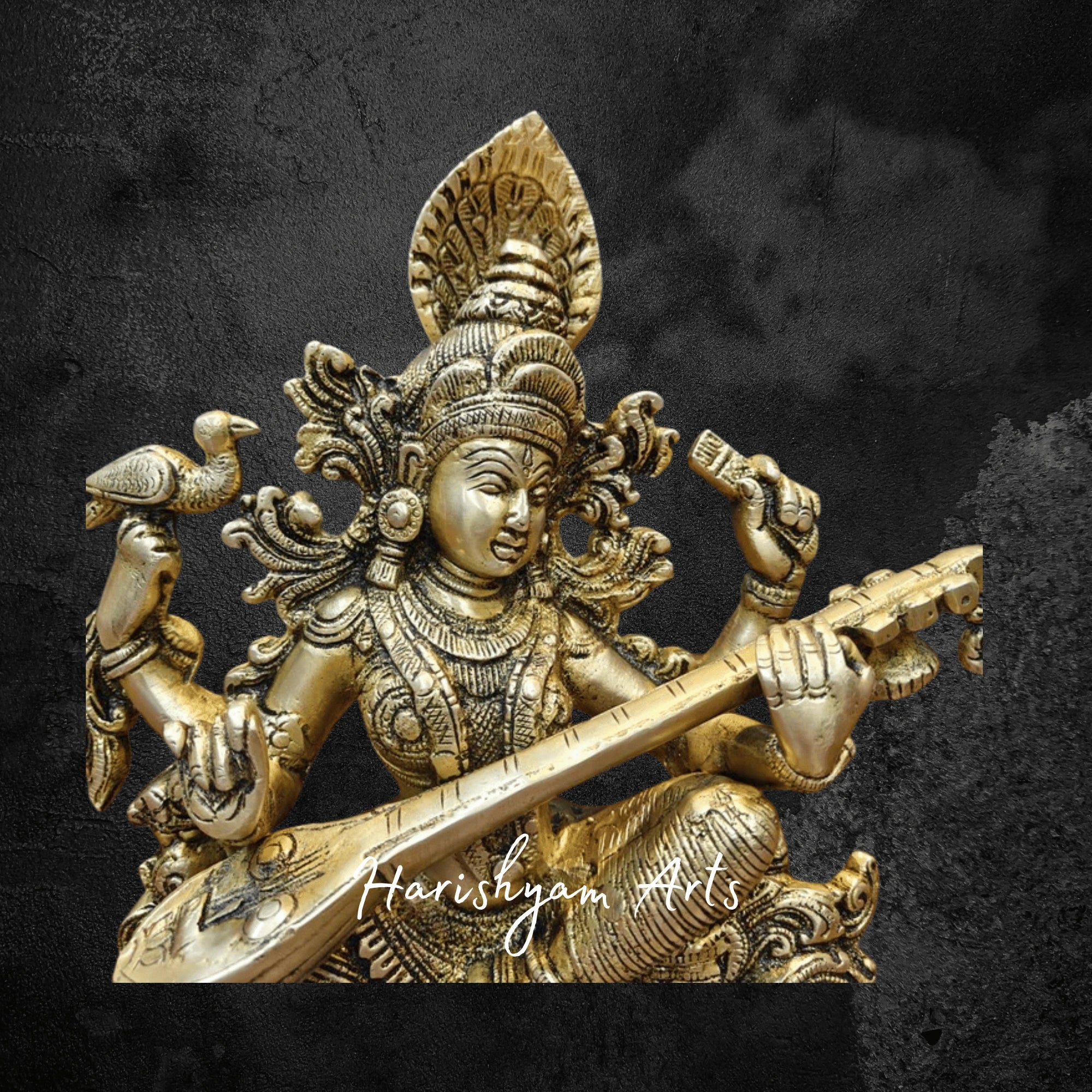 11" Brass Idol of Saraswati Mata Playing Veena for Study Room and Worship
