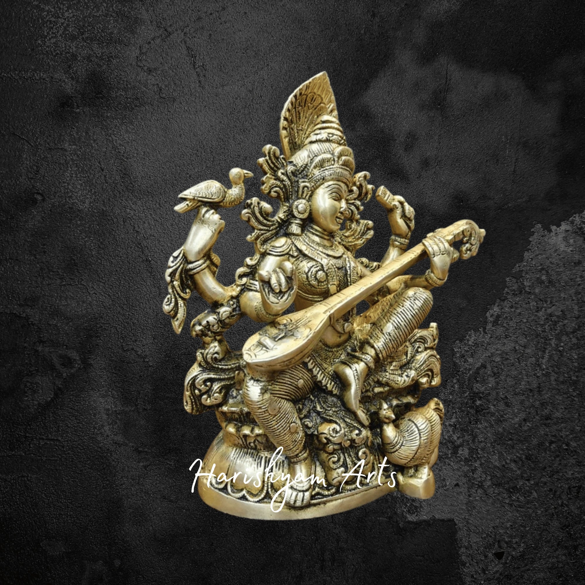 12" Golden Finish Brass Saraswati Idol Seated on Lotus Embellished with Stone Accents