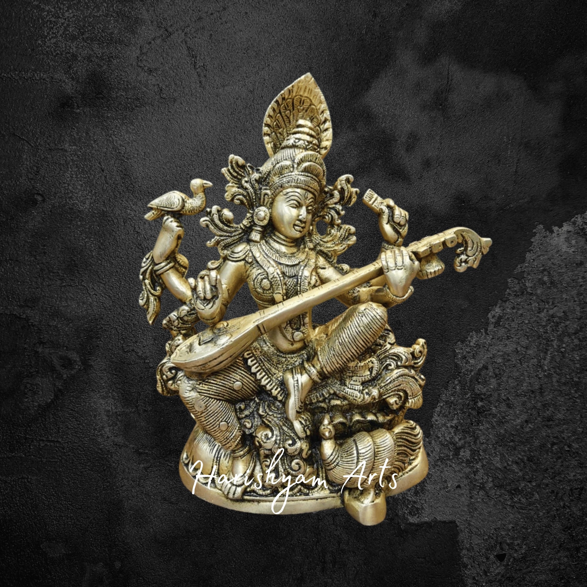 11" Brass Idol of Saraswati Mata Playing Veena for Study Room and Worship
