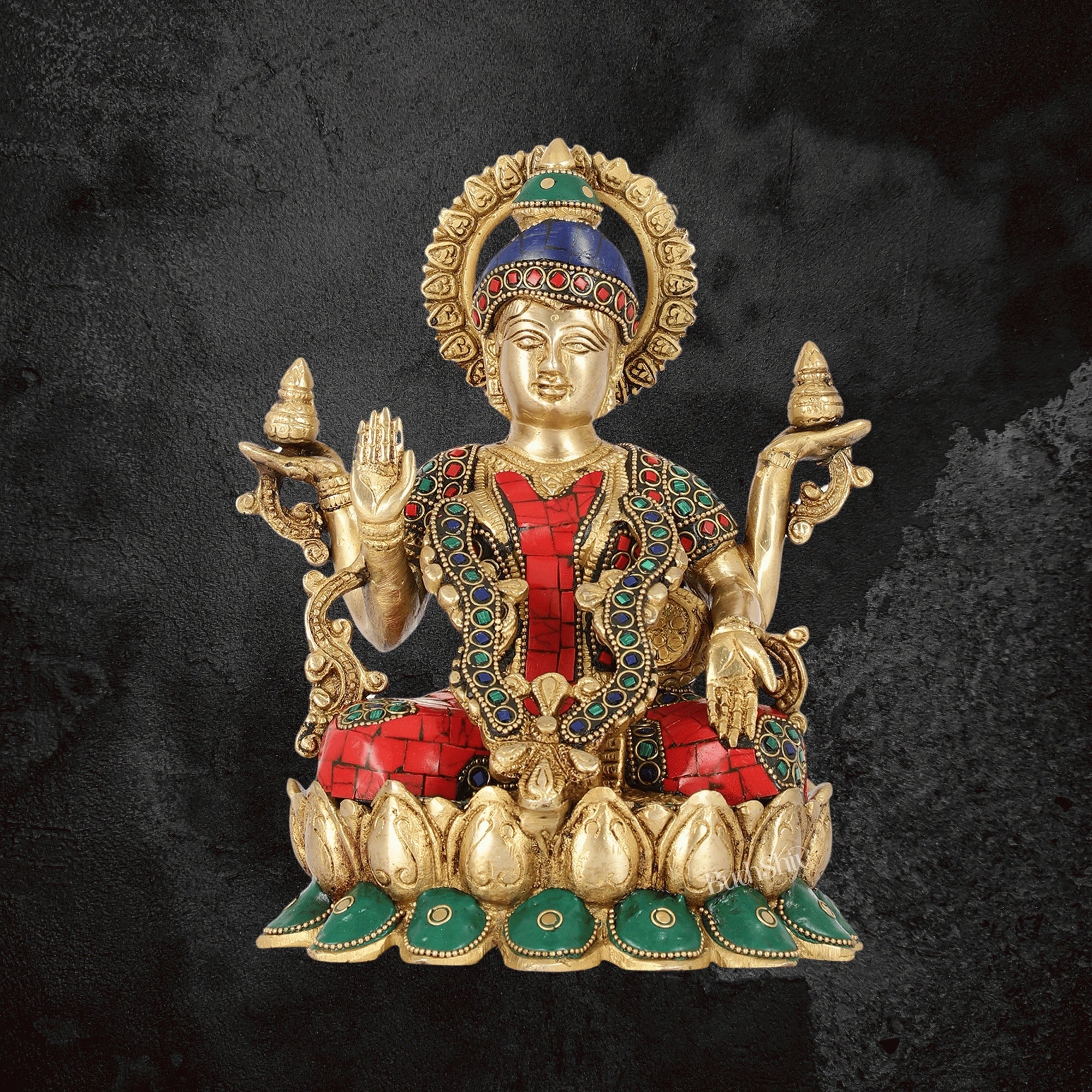 11" Brass Lakshmi Idol for Wealth and Prosperity, Seated on a Lotus Base
