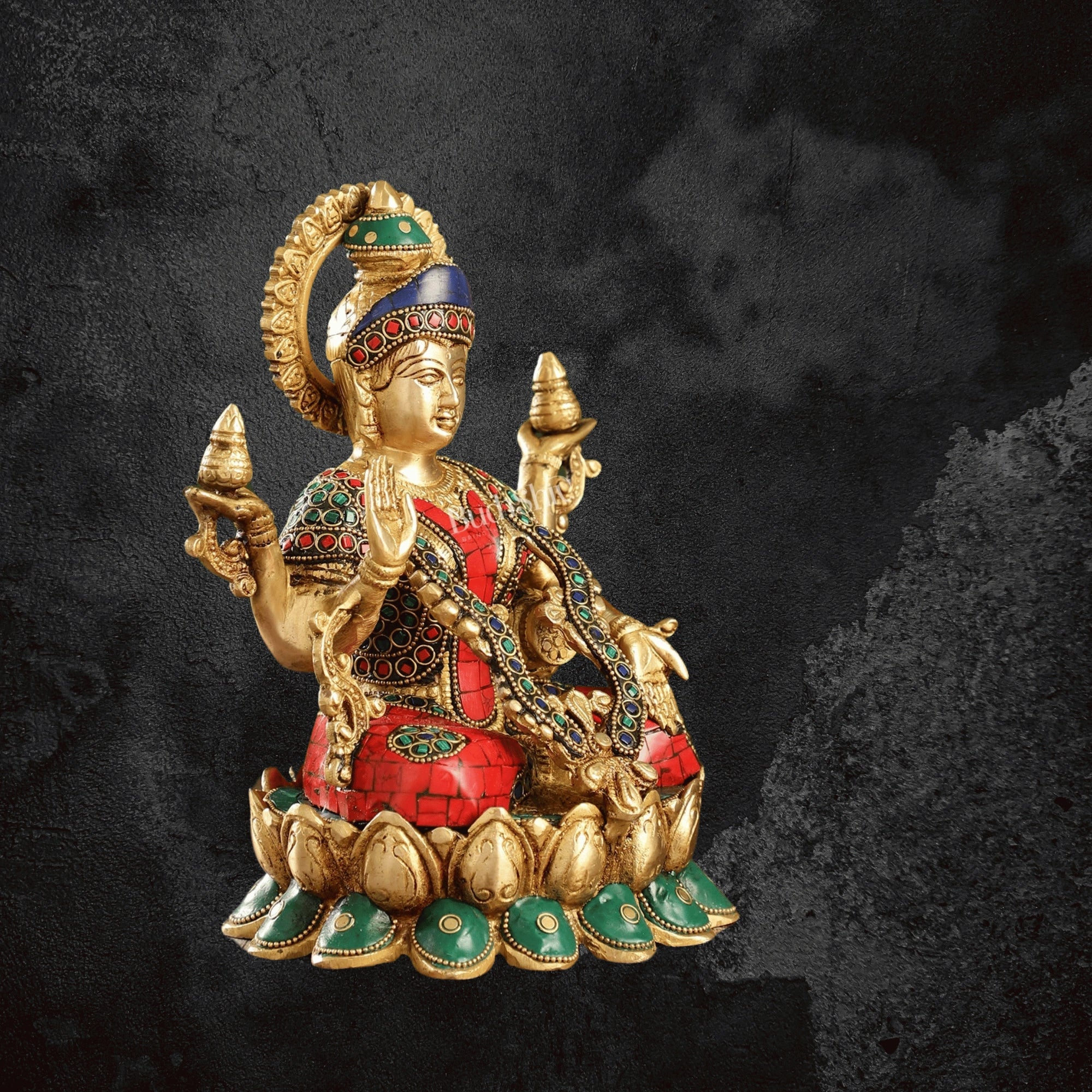 11" Brass Lakshmi Idol for Wealth and Prosperity, Seated on a Lotus Base