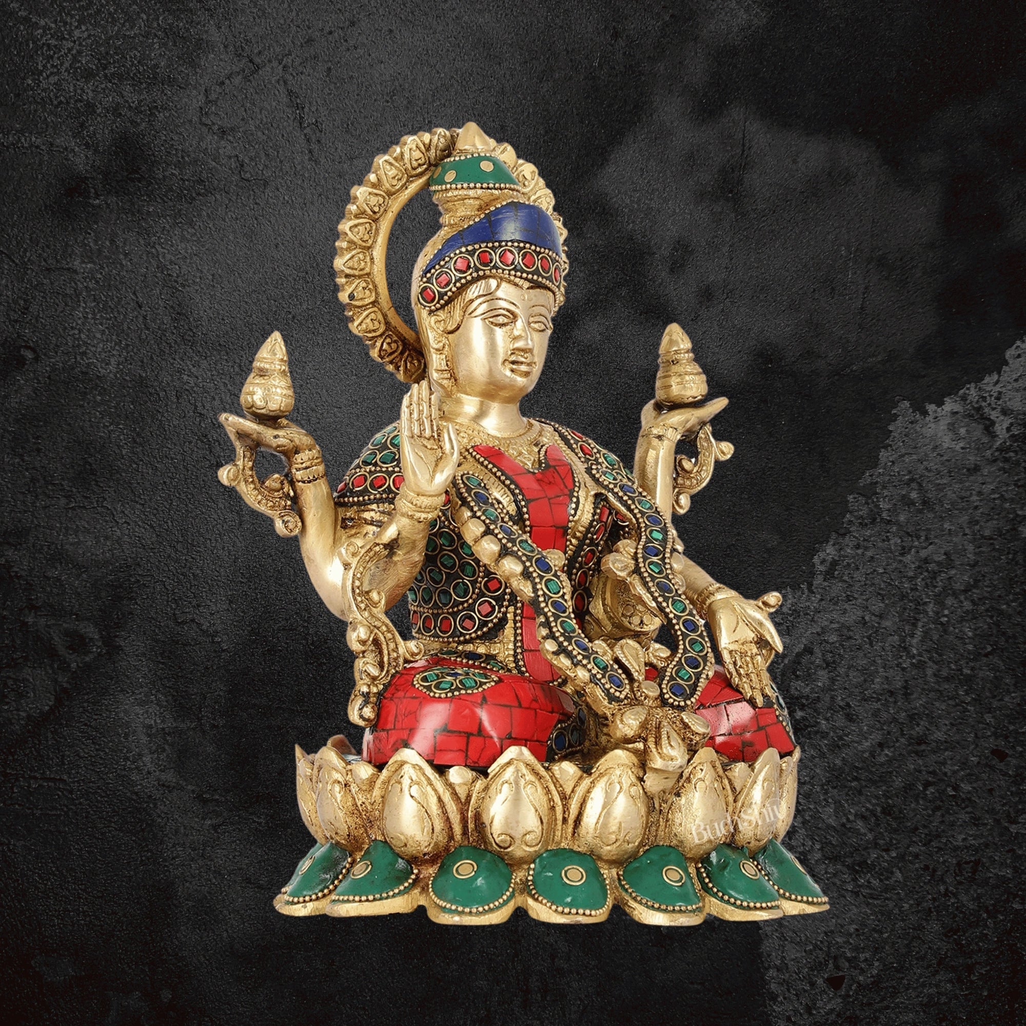 11" Brass Lakshmi Idol for Wealth and Prosperity, Seated on a Lotus Base