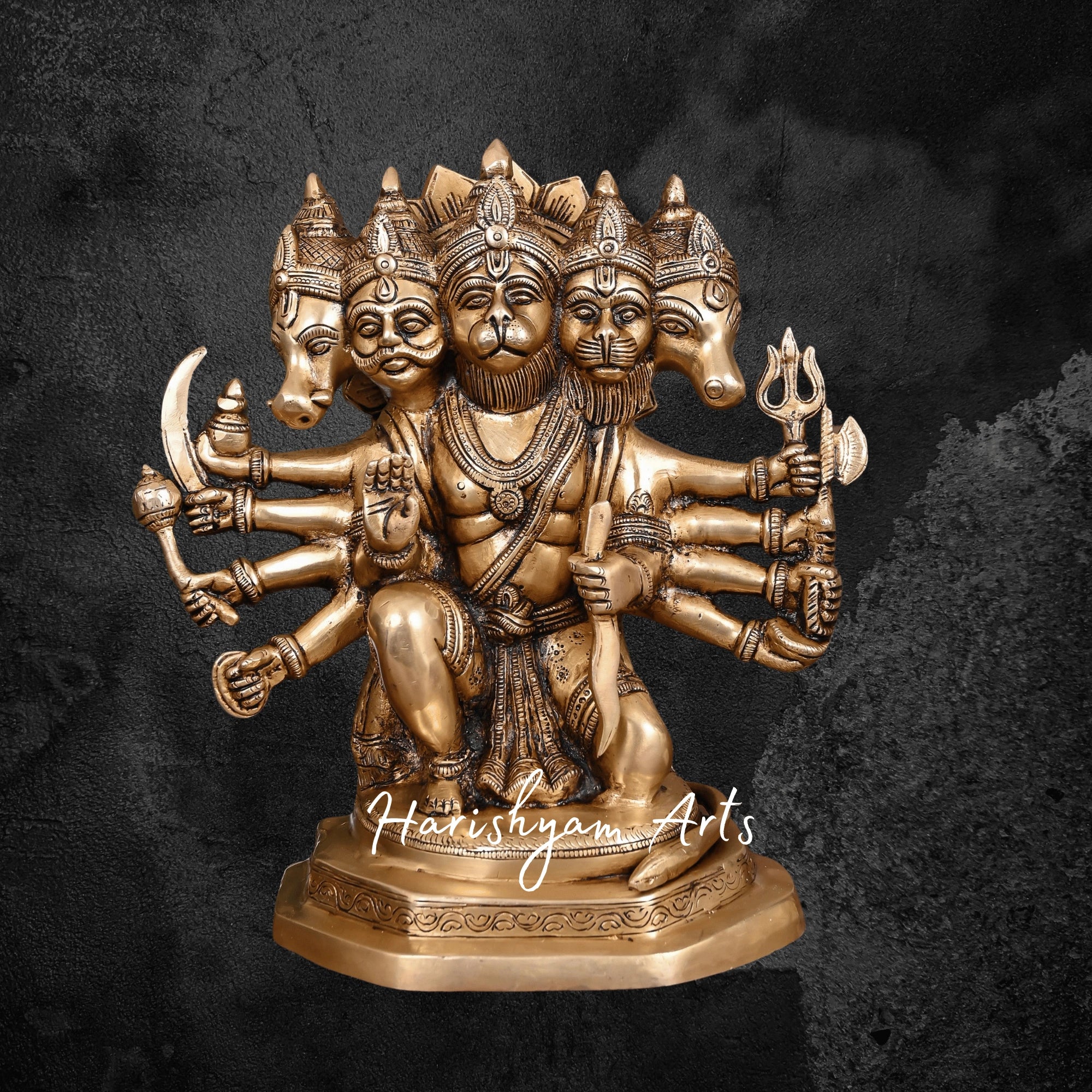11" Brass Superfine Sitting Panchmukhi Hanuman Idol for Temple and Home Worship